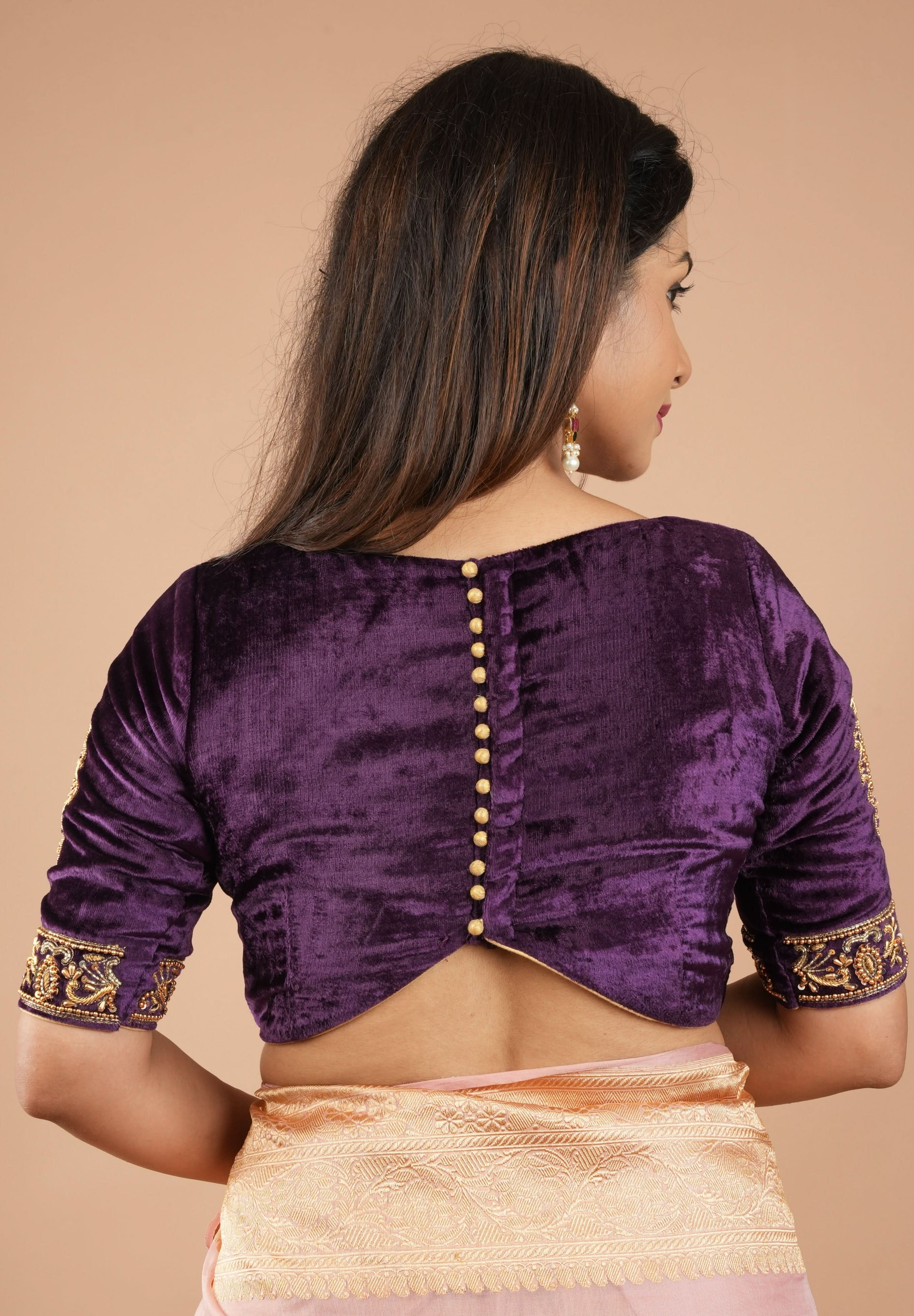 Purple Velvet Blouse with Stone and Zardosi detailing on sleeves and waist front, Customizable, Made to Order | Shobitam