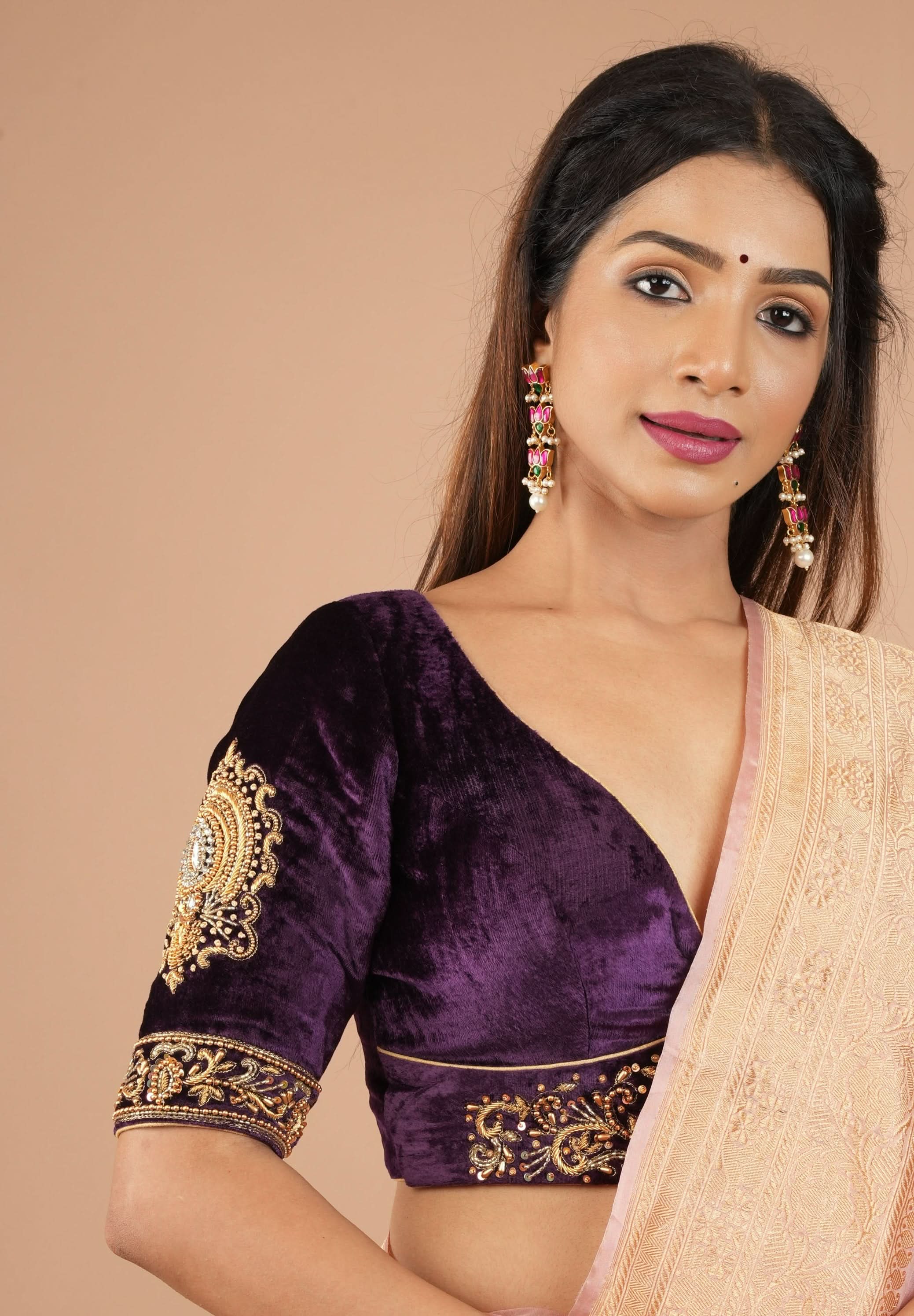 Purple Velvet Blouse with Stone and Zardosi detailing on sleeves and waist front, Customizable, Made to Order | Shobitam