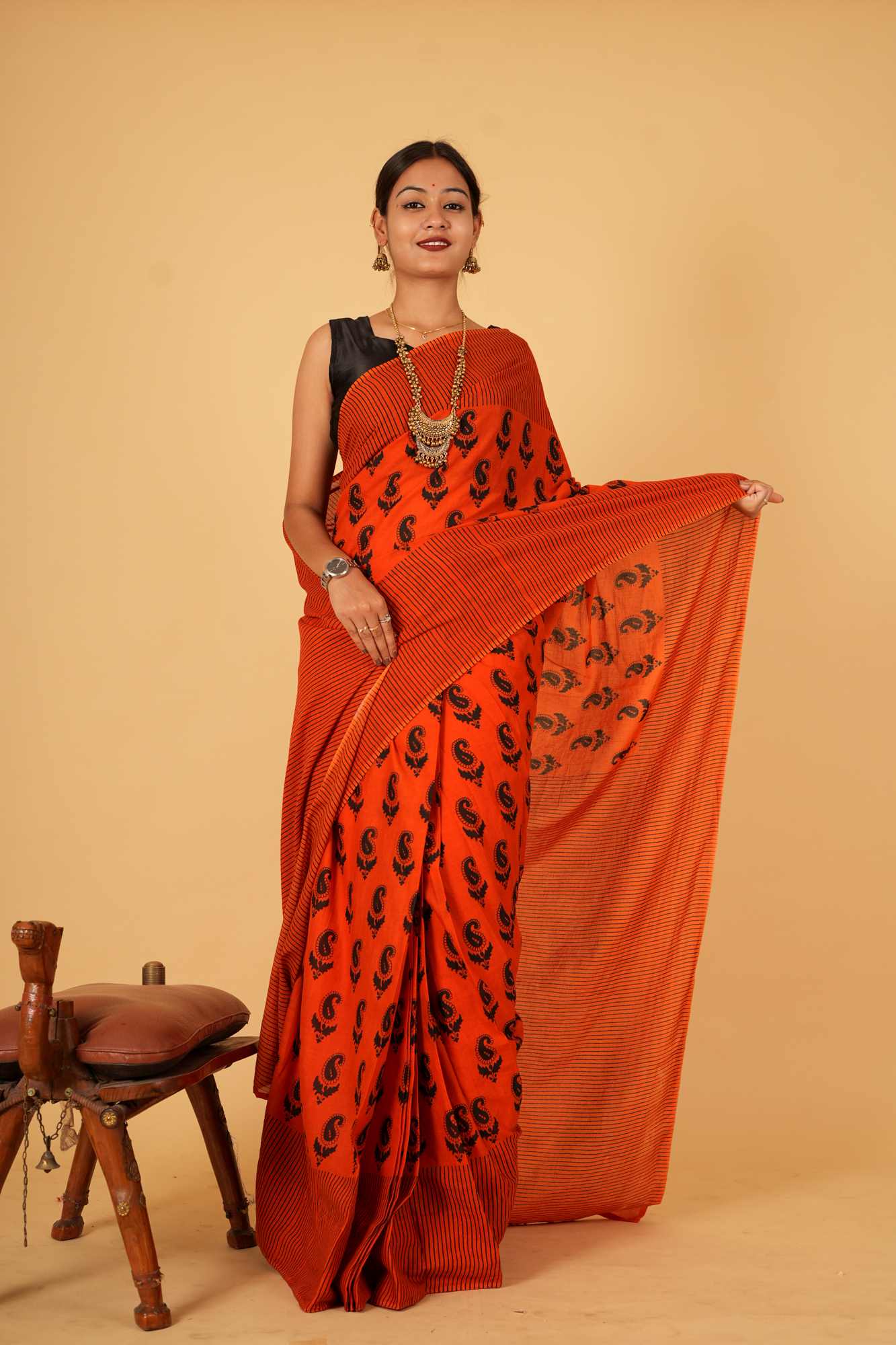 Pure Mul Mul Cotton Red ready to wear saree with Vegetable dye Hand Block print Wrap In 1 Minute Saree