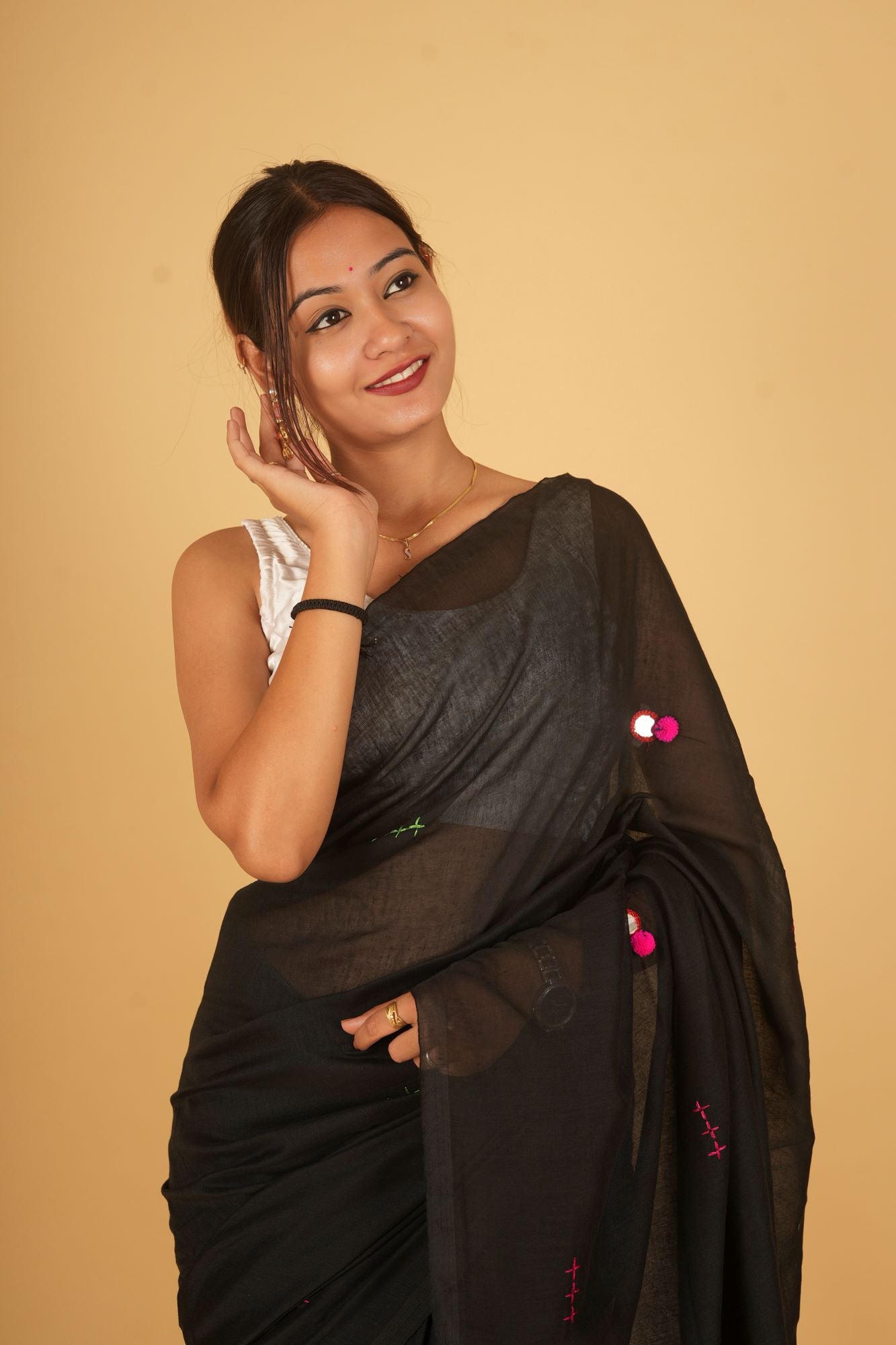 Ready to wear Beautiful Black saree in Mulmul with mirror work motifs inspired by the Rabari embroidery