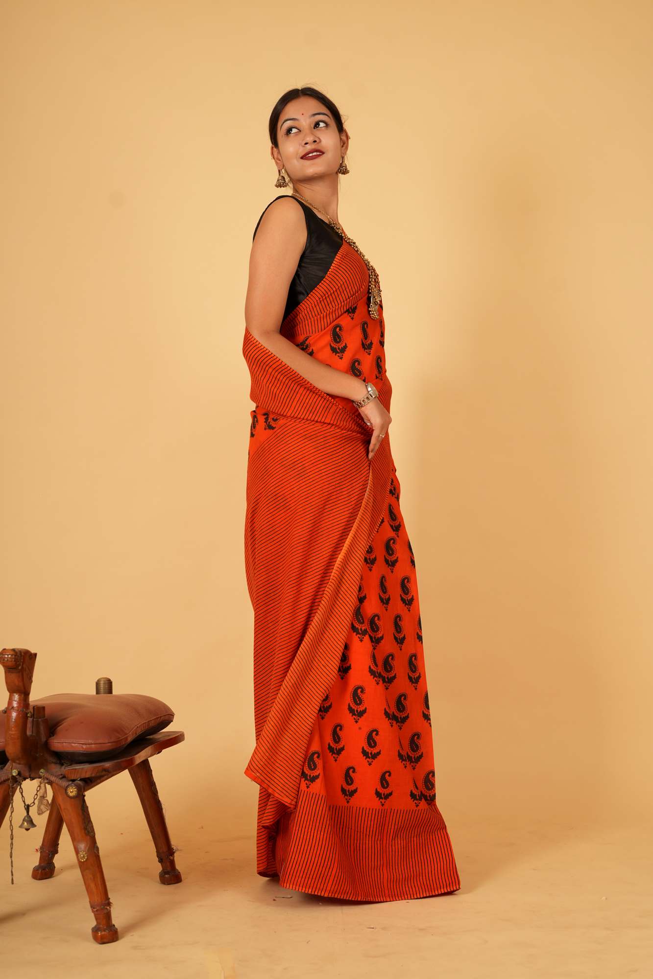 Pure Mul Mul Cotton Red ready to wear saree with Vegetable dye Hand Block print Wrap In 1 Minute Saree