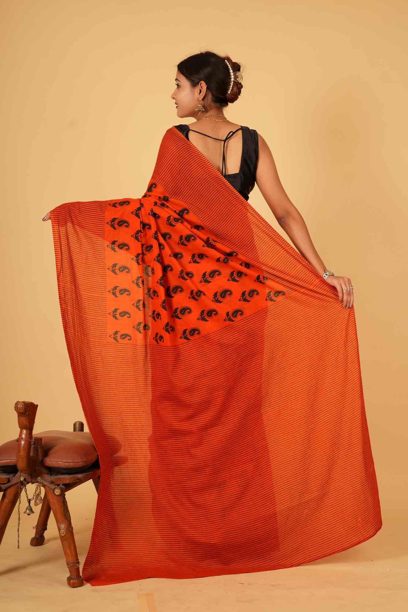 Pure Mul Mul Cotton Red ready to wear saree with Vegetable dye Hand Block print Wrap In 1 Minute Saree