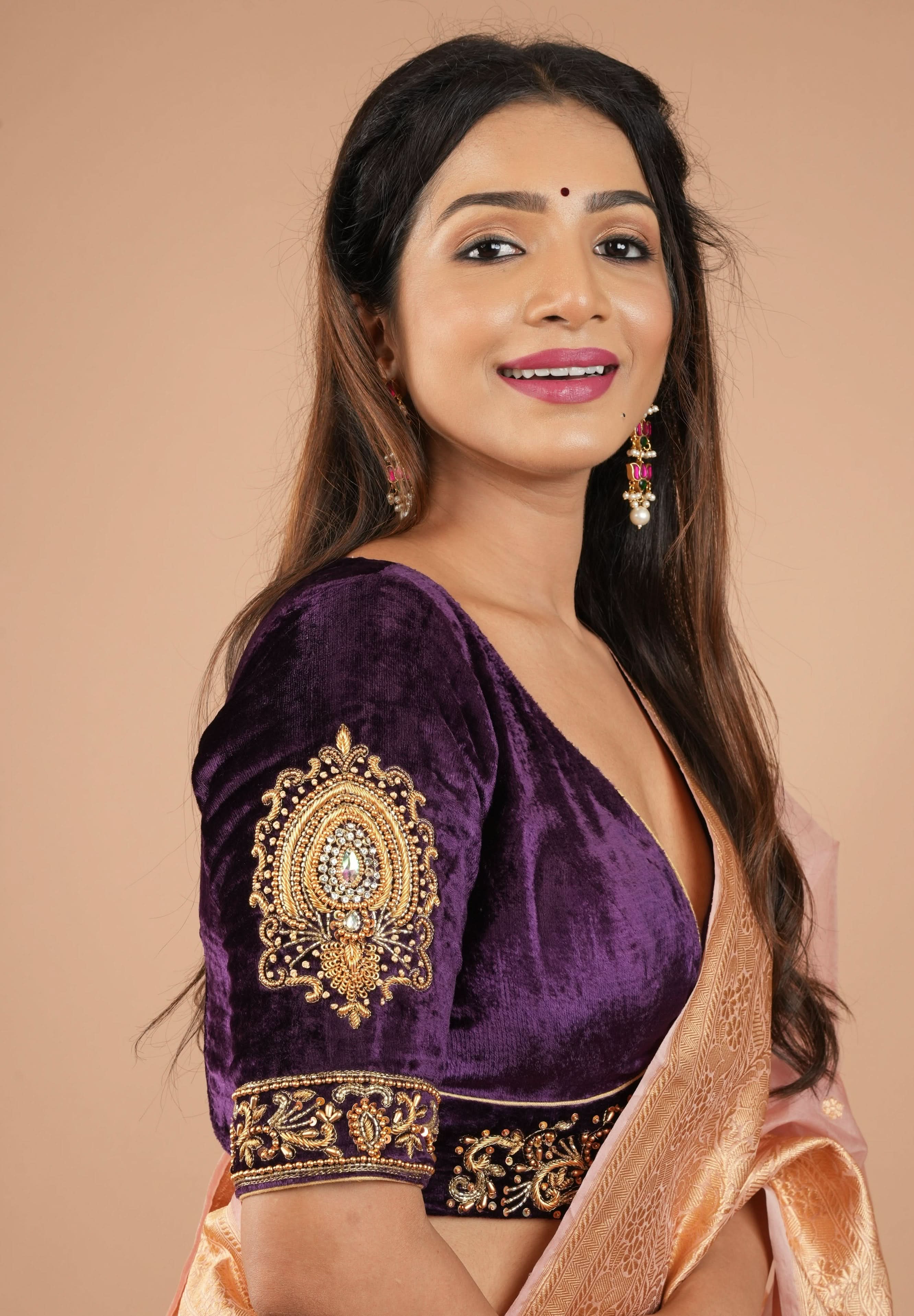 Purple Velvet Blouse with Stone and Zardosi detailing on sleeves and waist front, Customizable, Made to Order | Shobitam