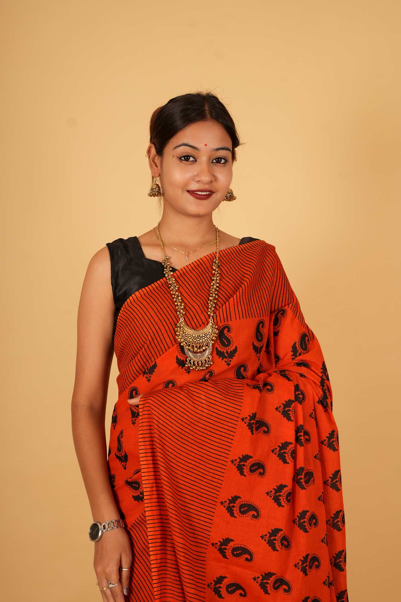 Pure Mul Mul Cotton Red ready to wear saree with Vegetable dye Hand Block print Wrap In 1 Minute Saree