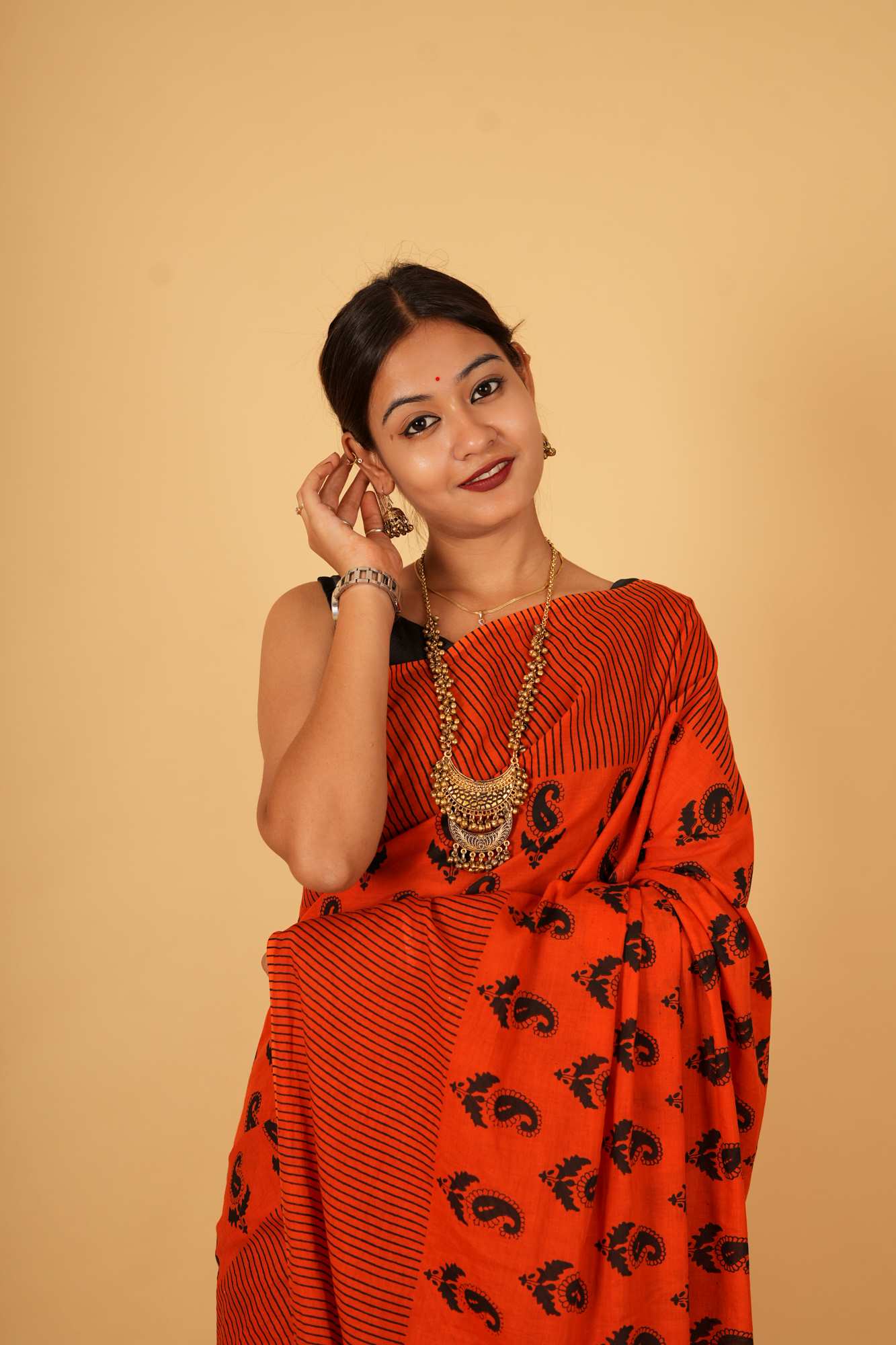 Pure Mul Mul Cotton Red ready to wear saree with Vegetable dye Hand Block print Wrap In 1 Minute Saree
