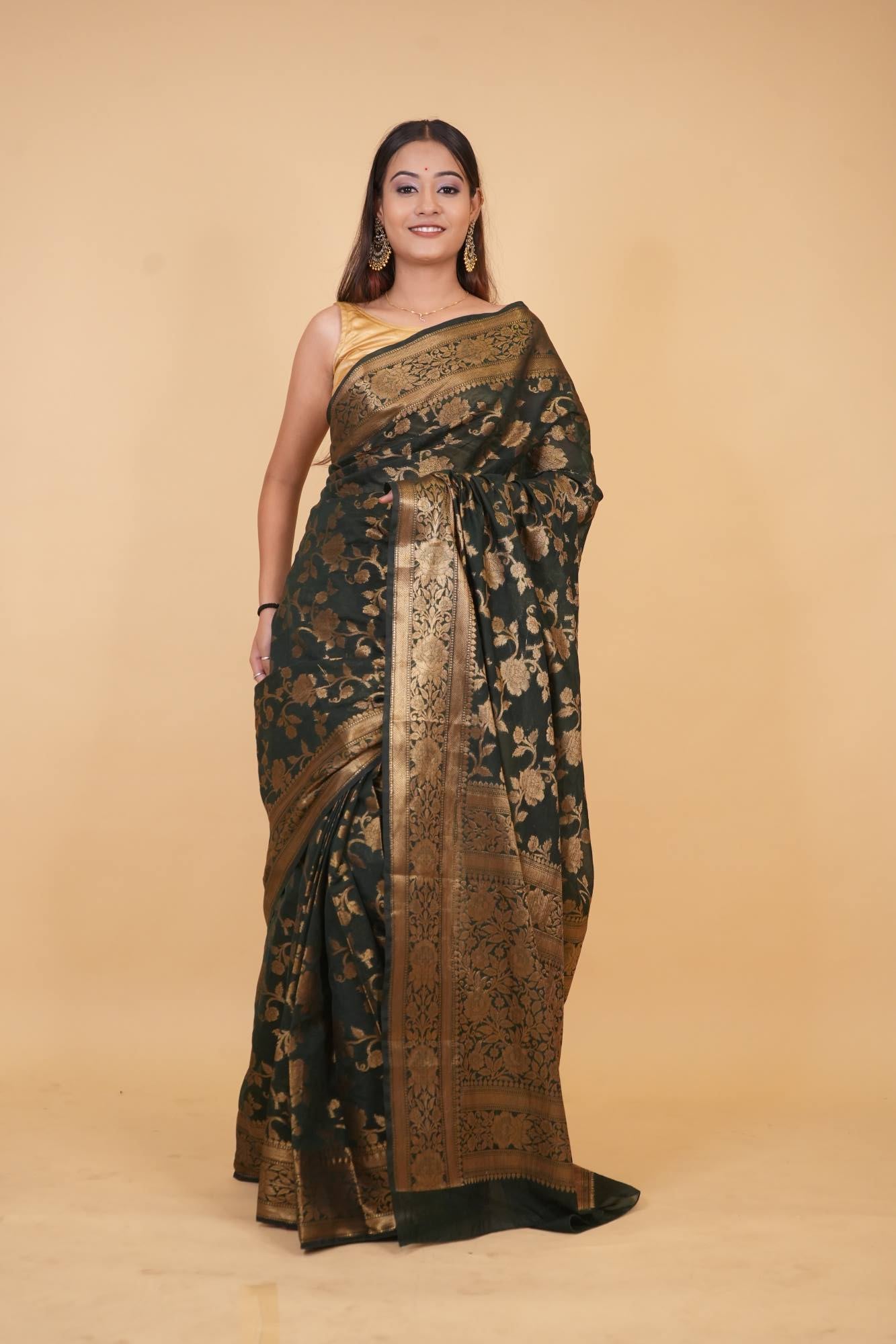 Bottle Green Georgette Silk Floral Zari Jaal Woven & Ornate Palla 1 Minute Saree