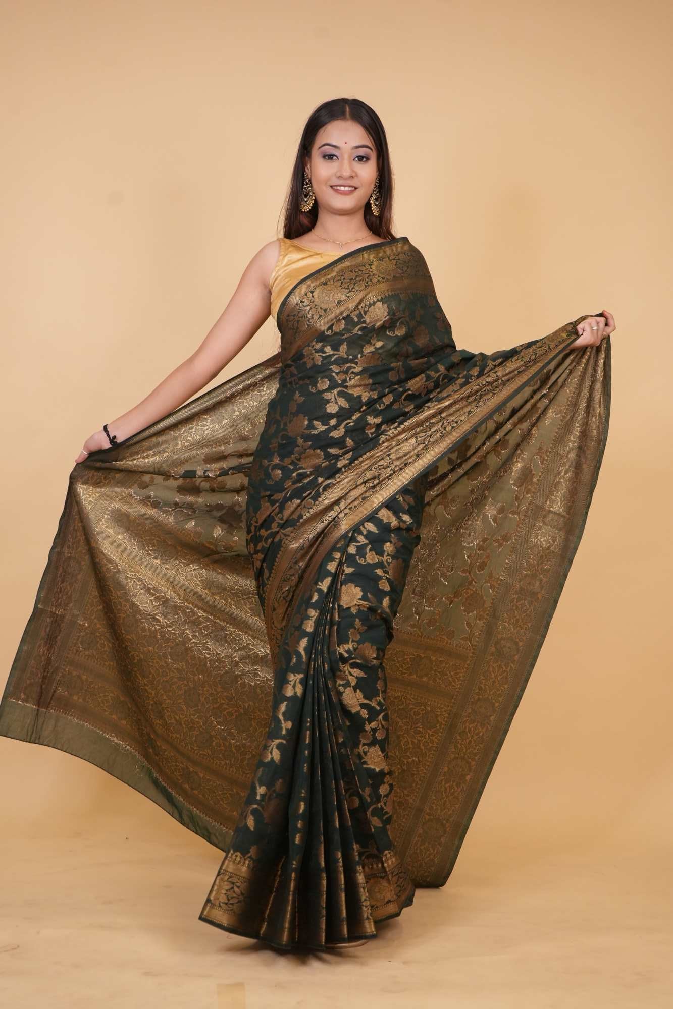 Bottle Green Georgette Silk Floral Zari Jaal Woven & Ornate Palla 1 Minute Saree