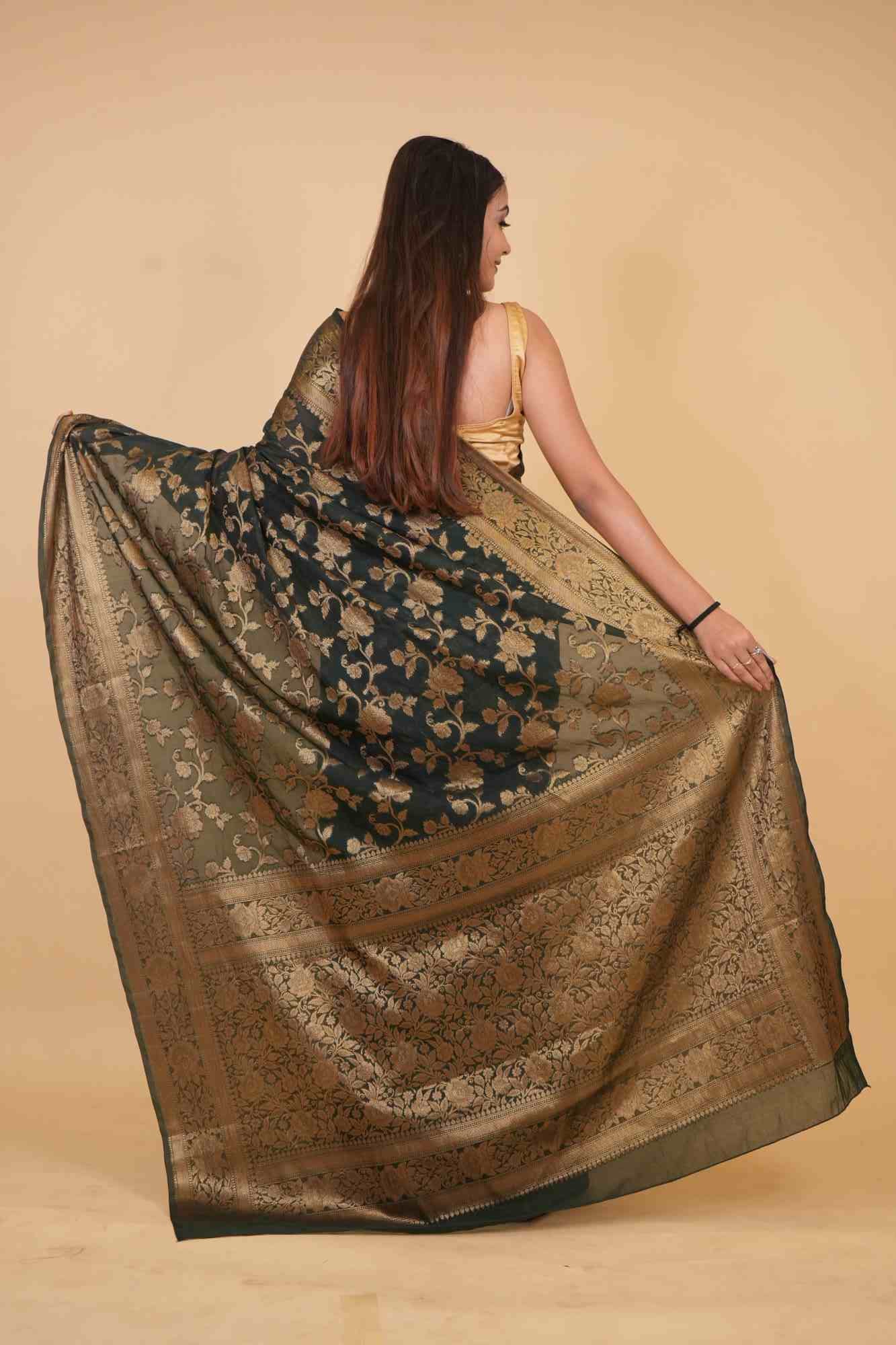 Bottle Green Georgette Silk Floral Zari Jaal Woven & Ornate Palla 1 Minute Saree