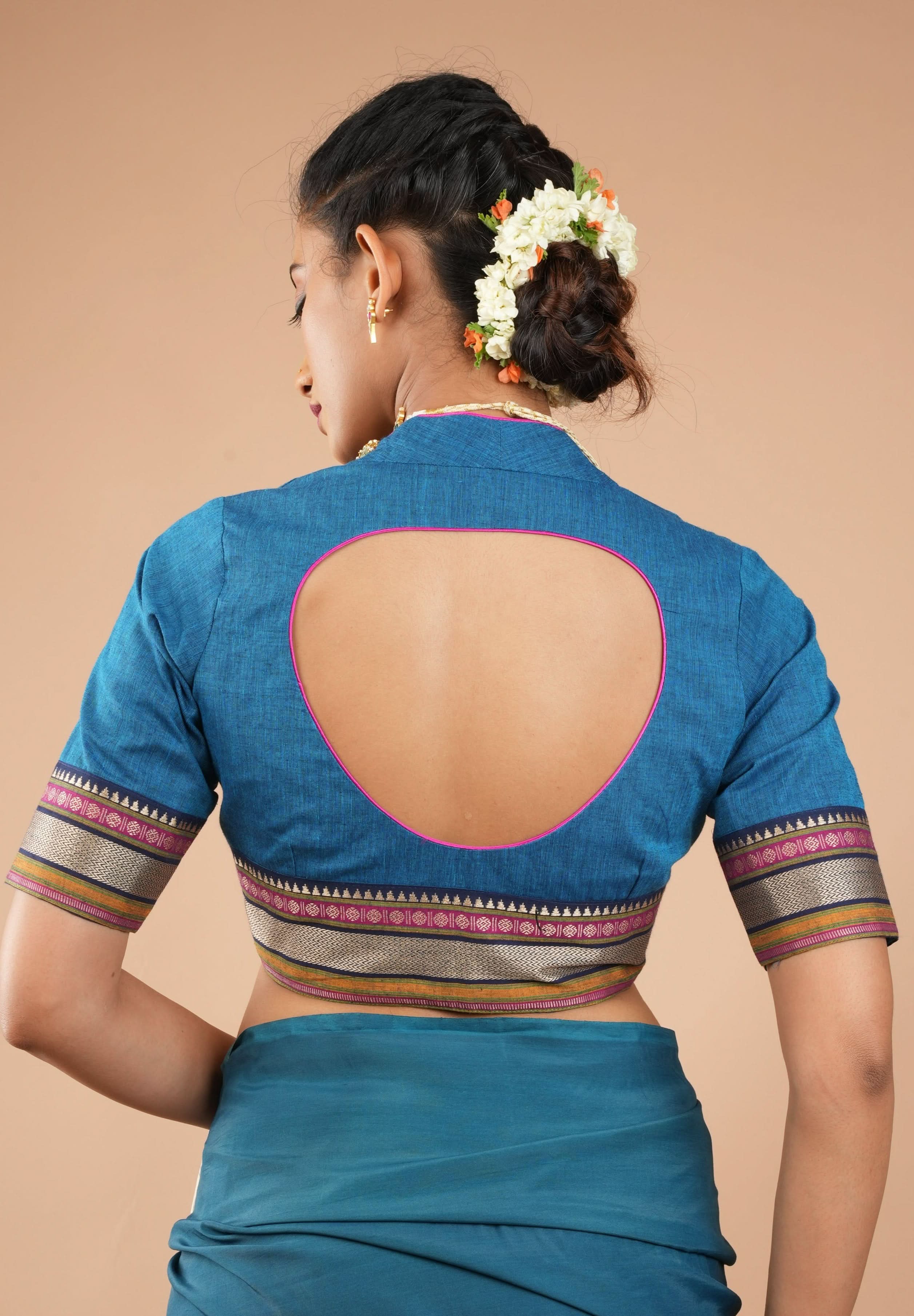 Copper Sulphate Blue Mangalagiri Cotton Blouse with Matka Neck and Cutout Detailing, Customizible,Made to order | Shobitam