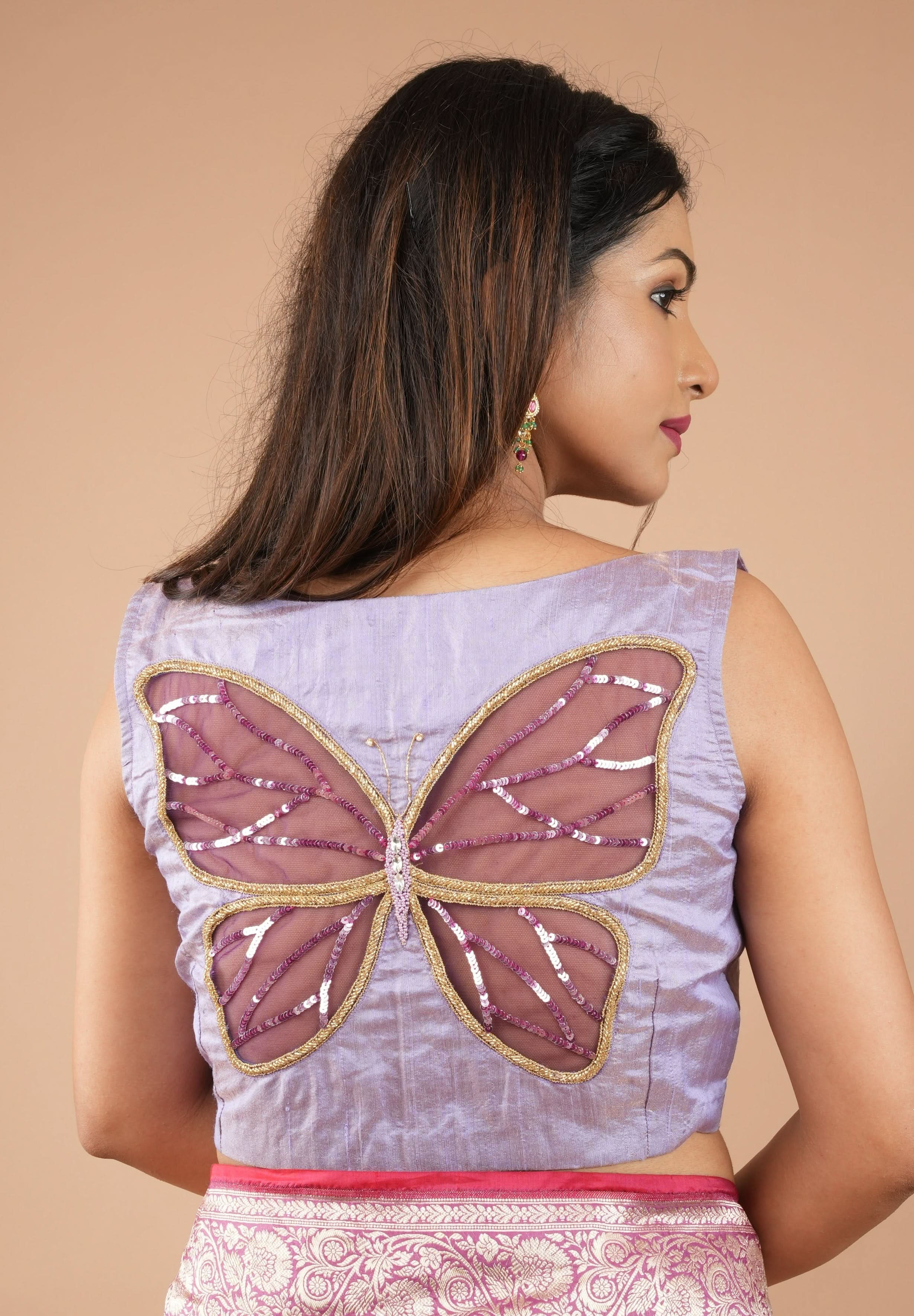 Lavender Pure Tissue Raw Silk blouse with Butterfly Cutout tone on tone embellishments, customizable, made to order | Shobitam