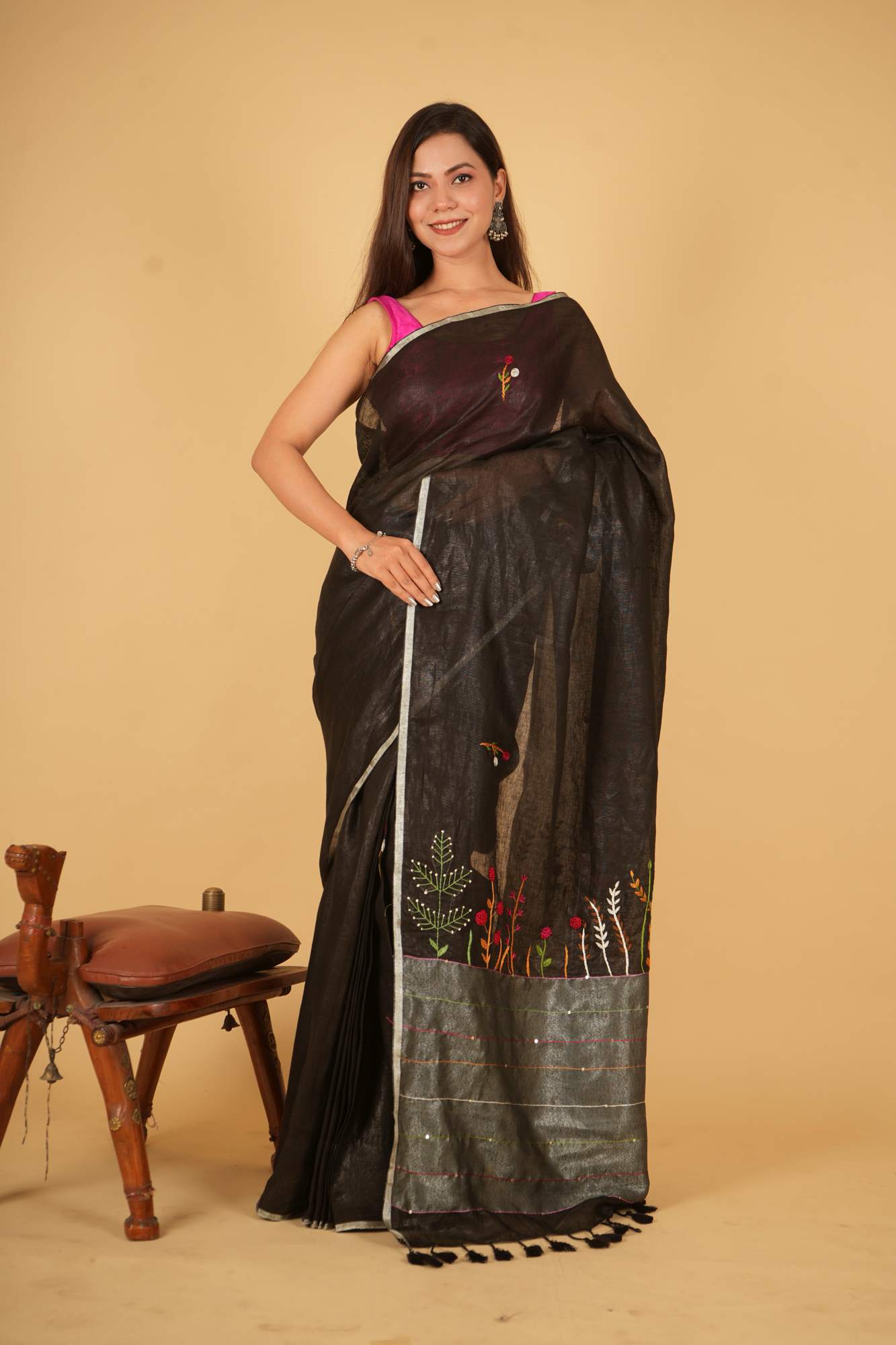 Ready to Wear Linen Silk ready to wear Saree with Hand Woven & Floral Embroidery Work