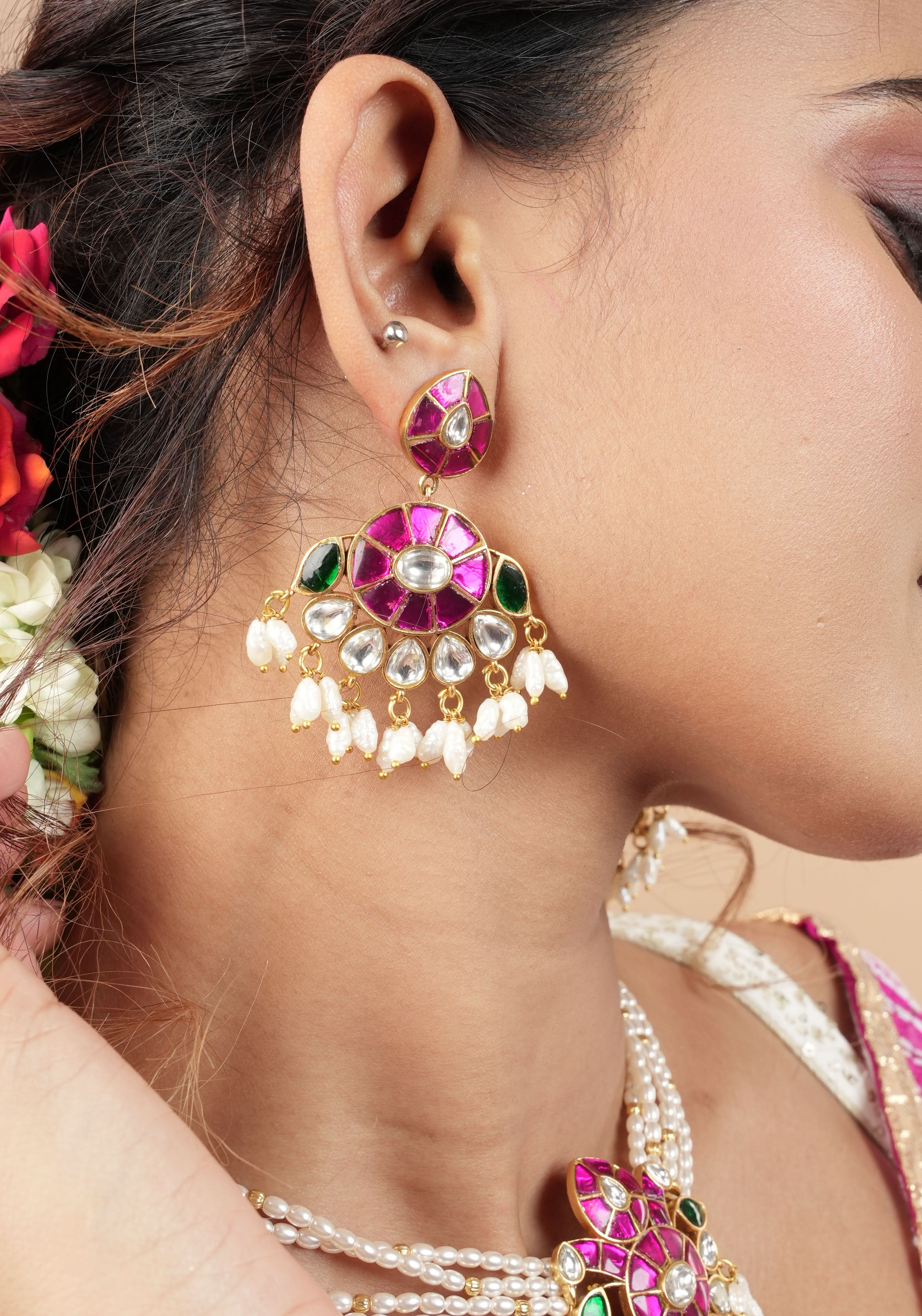 Ornate Jadau twin Peacock medium Length Haar and Matching Earrings | Shobitam Jewelry