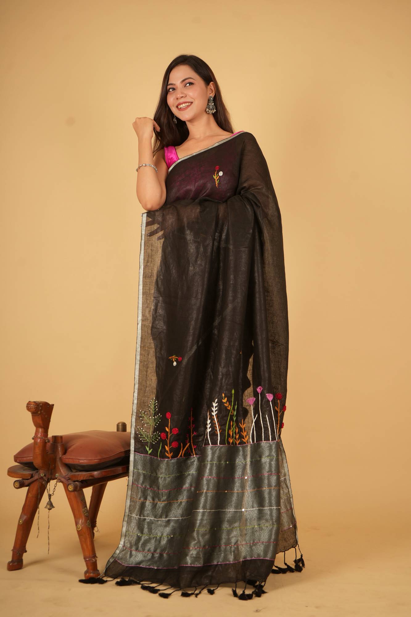 Ready to Wear Linen Silk ready to wear Saree with Hand Woven & Floral Embroidery Work