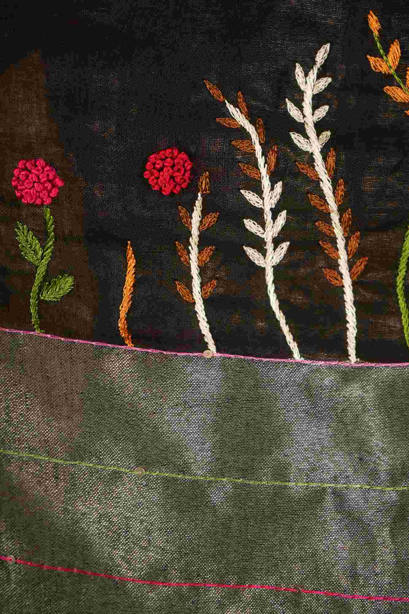 Ready to Wear Linen Silk ready to wear Saree with Hand Woven & Floral Embroidery Work