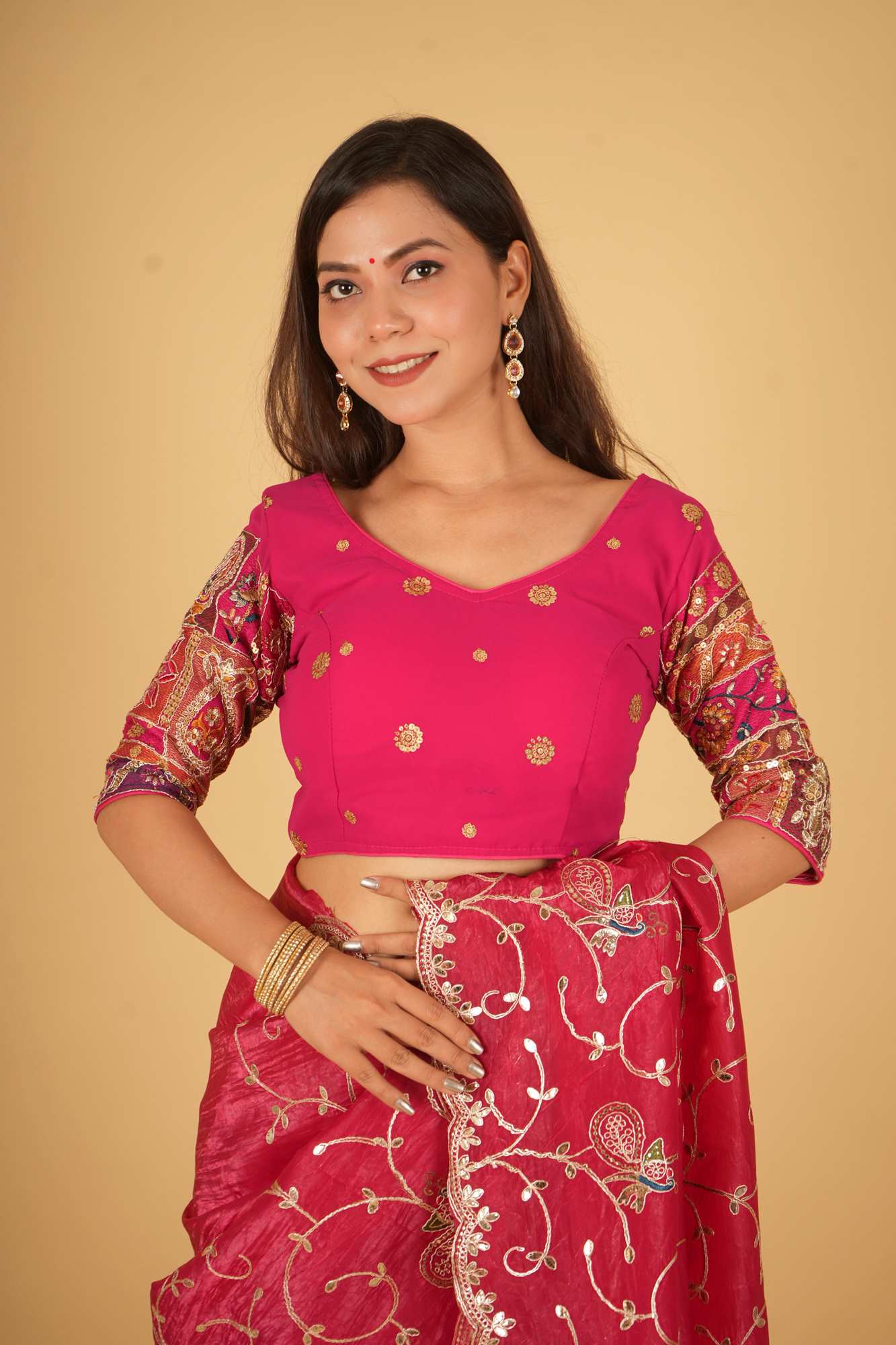 Handcrafted Pink Georgette Zardosi Embroidered Ready to Wear Blouse.