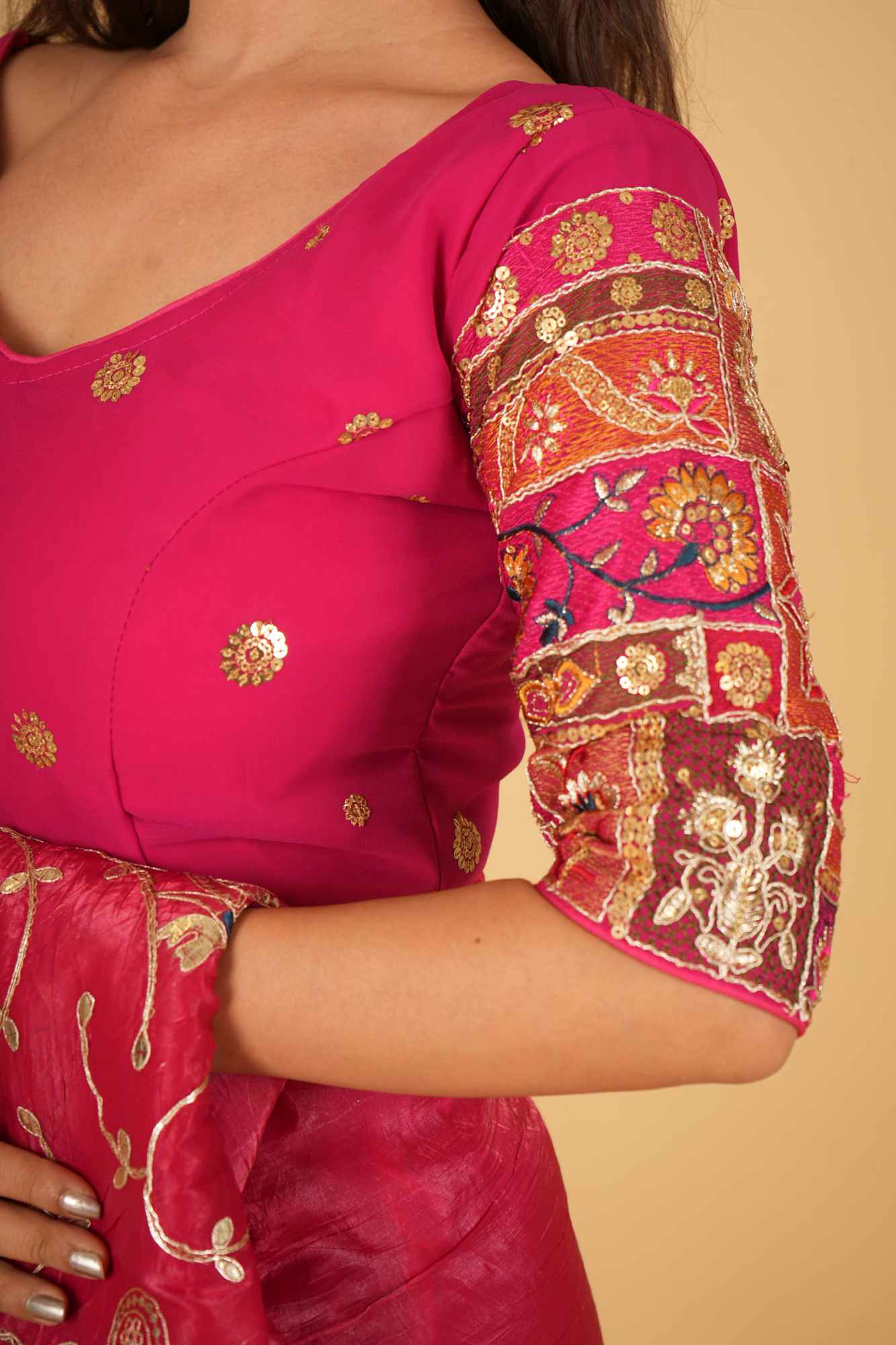 Handcrafted Pink Georgette Zardosi Embroidered Ready to Wear Blouse.