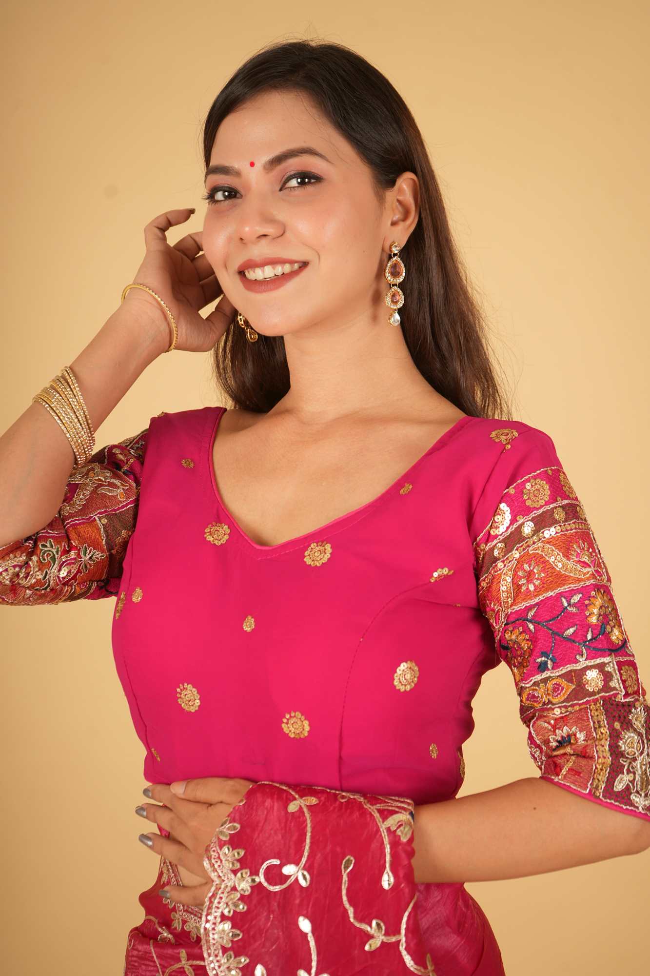 Handcrafted Pink Georgette Zardosi Embroidered Ready to Wear Blouse.