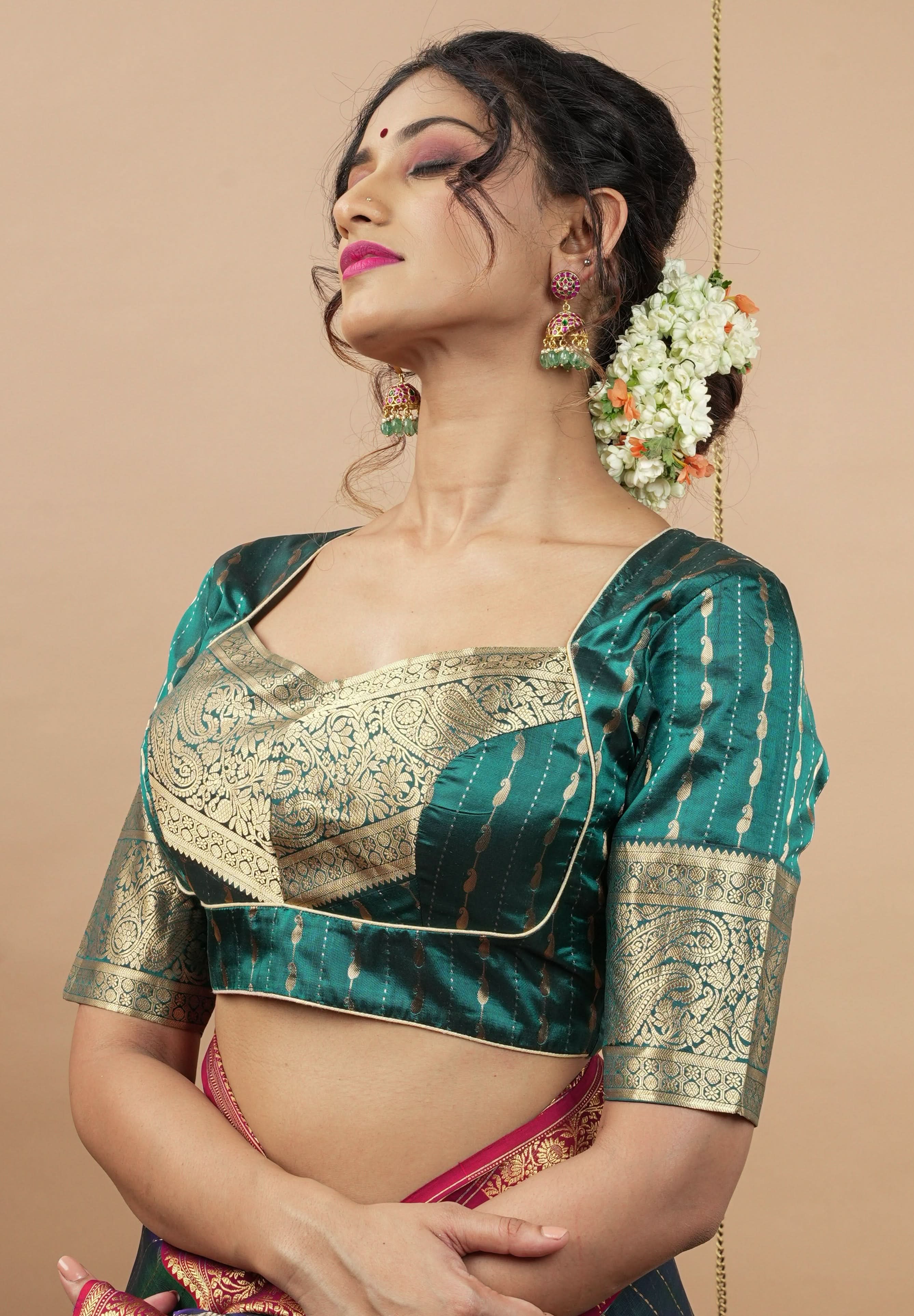 Peacock Blue Banarasi buti blouse with zari yoke detailing, made to order | Shobitam