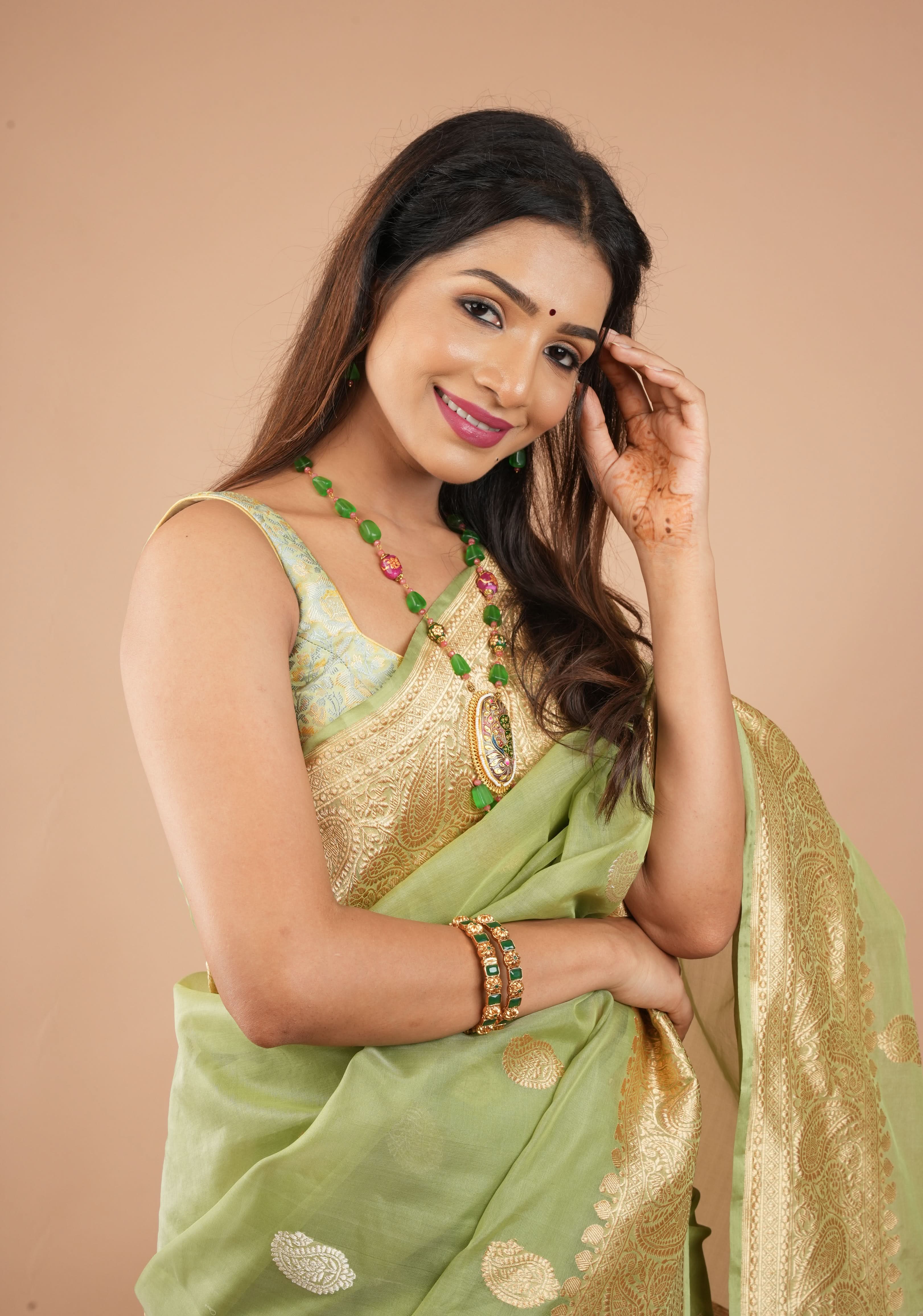 Green beads Necklace Set with Meenakari Hand painted Peacock Design Pendant | Shobitam