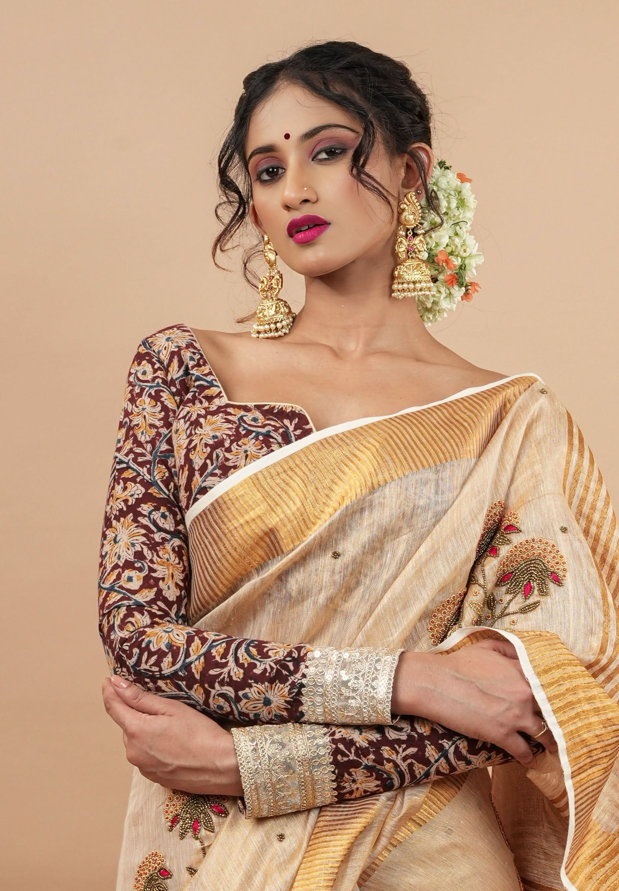 Kalamkari block print blouse with front slit design and full sleeves ,made to order | Shobitam