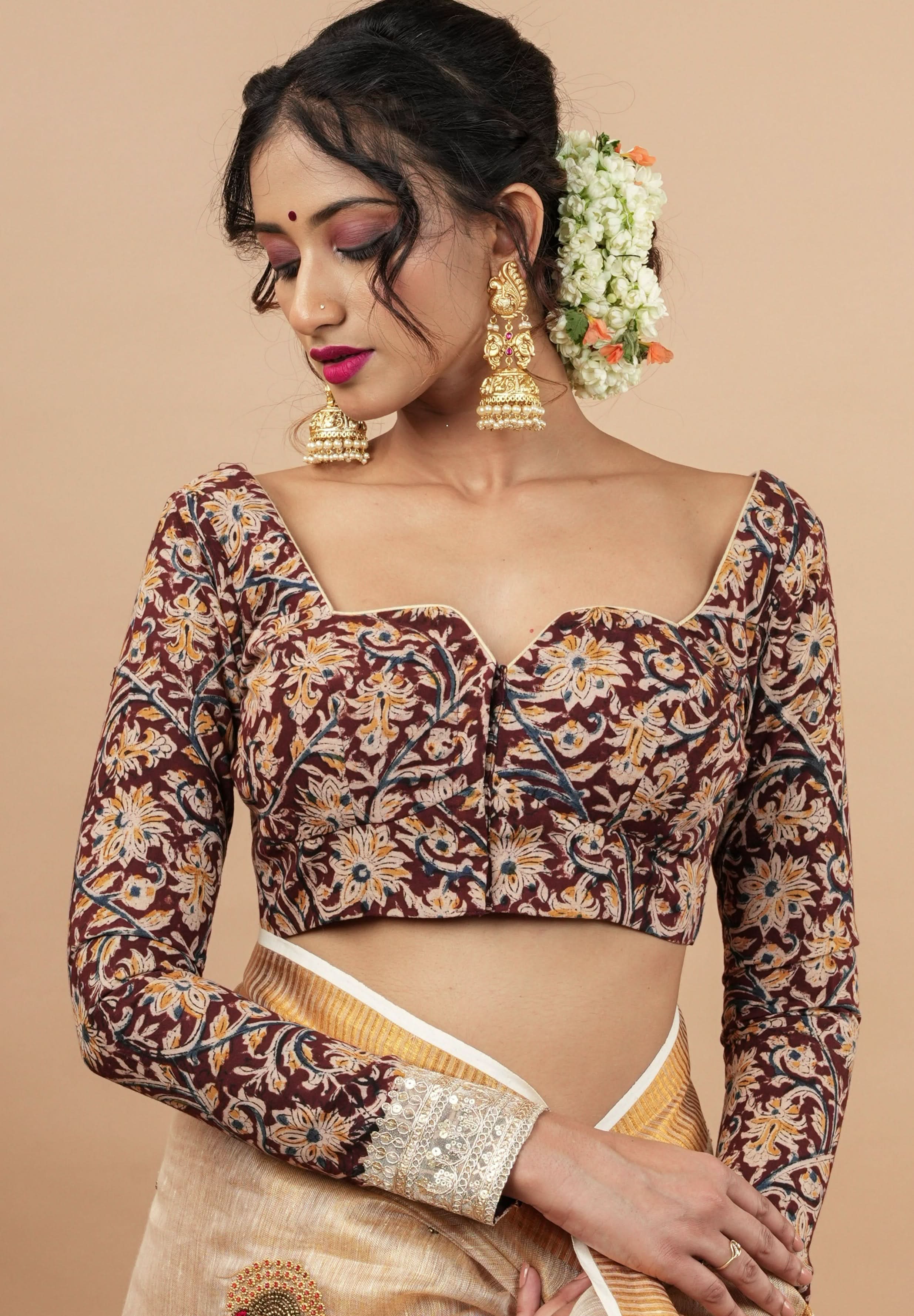 Kalamkari block print blouse with front slit design and full sleeves ,made to order | SHOBITAM