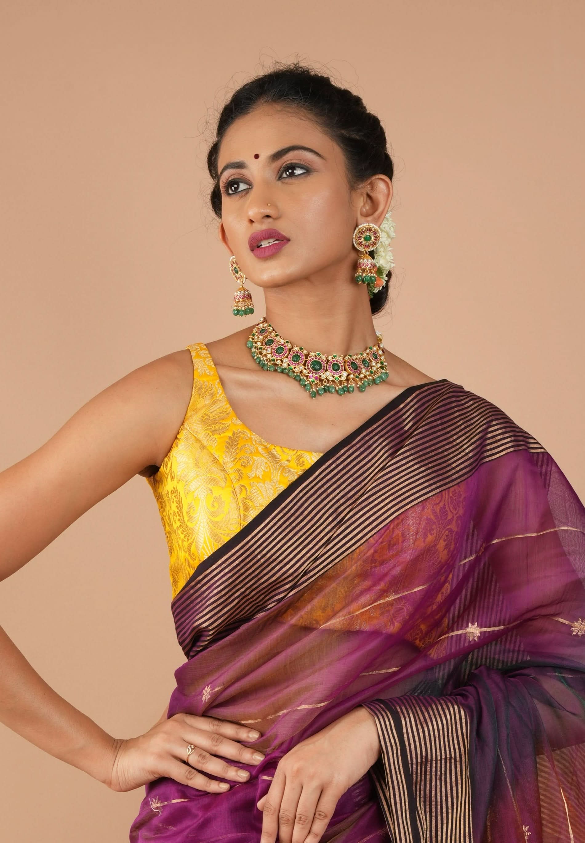 Yellow Banarasi brocade sleeveless mix and match blouse, customizable, made-to-order | Shobitam