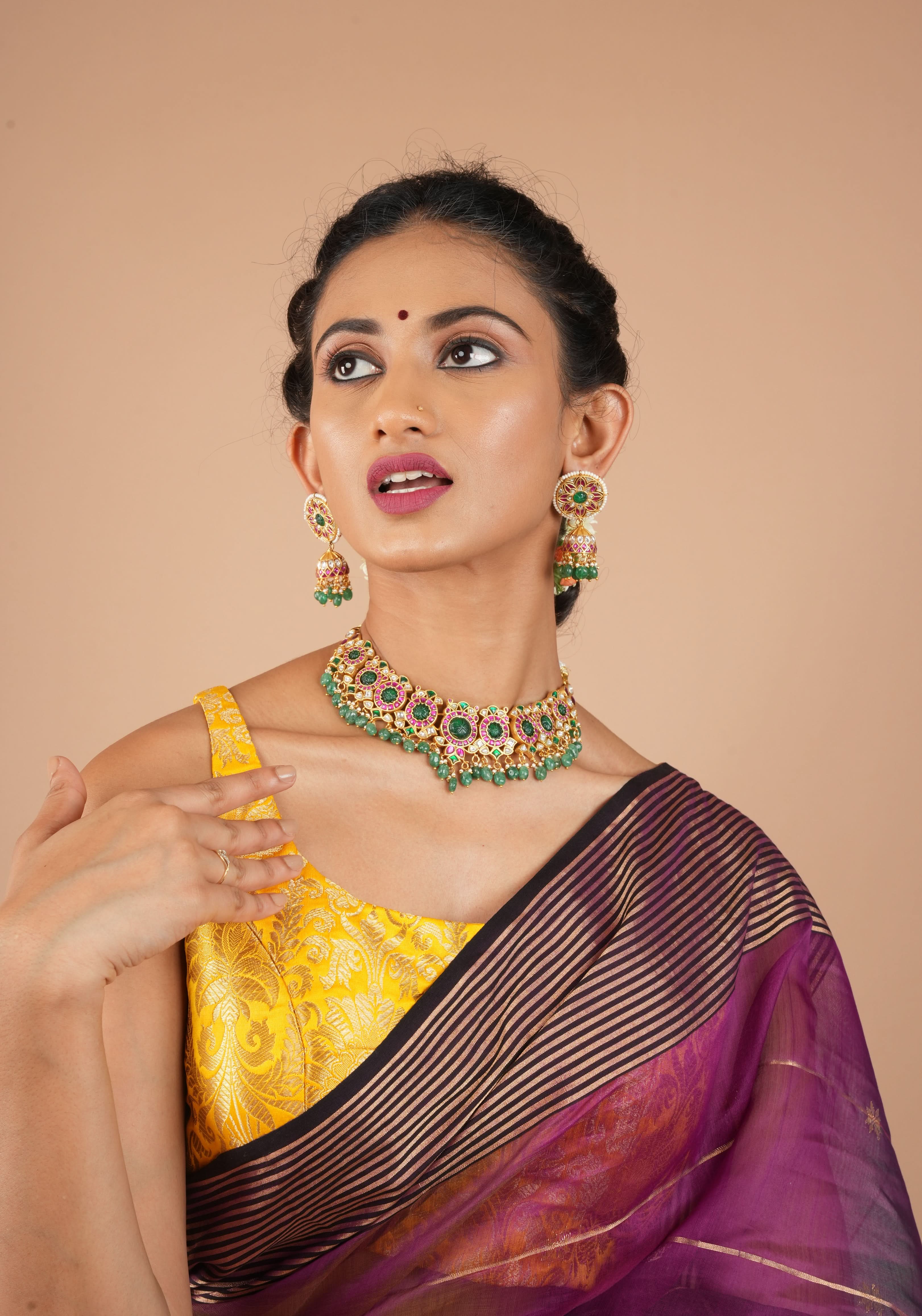 Green Craving Stone Jadau Kundan Pearls Choker Set with Dangling Green Beads and Jhumka Earrings | SHOBITAM