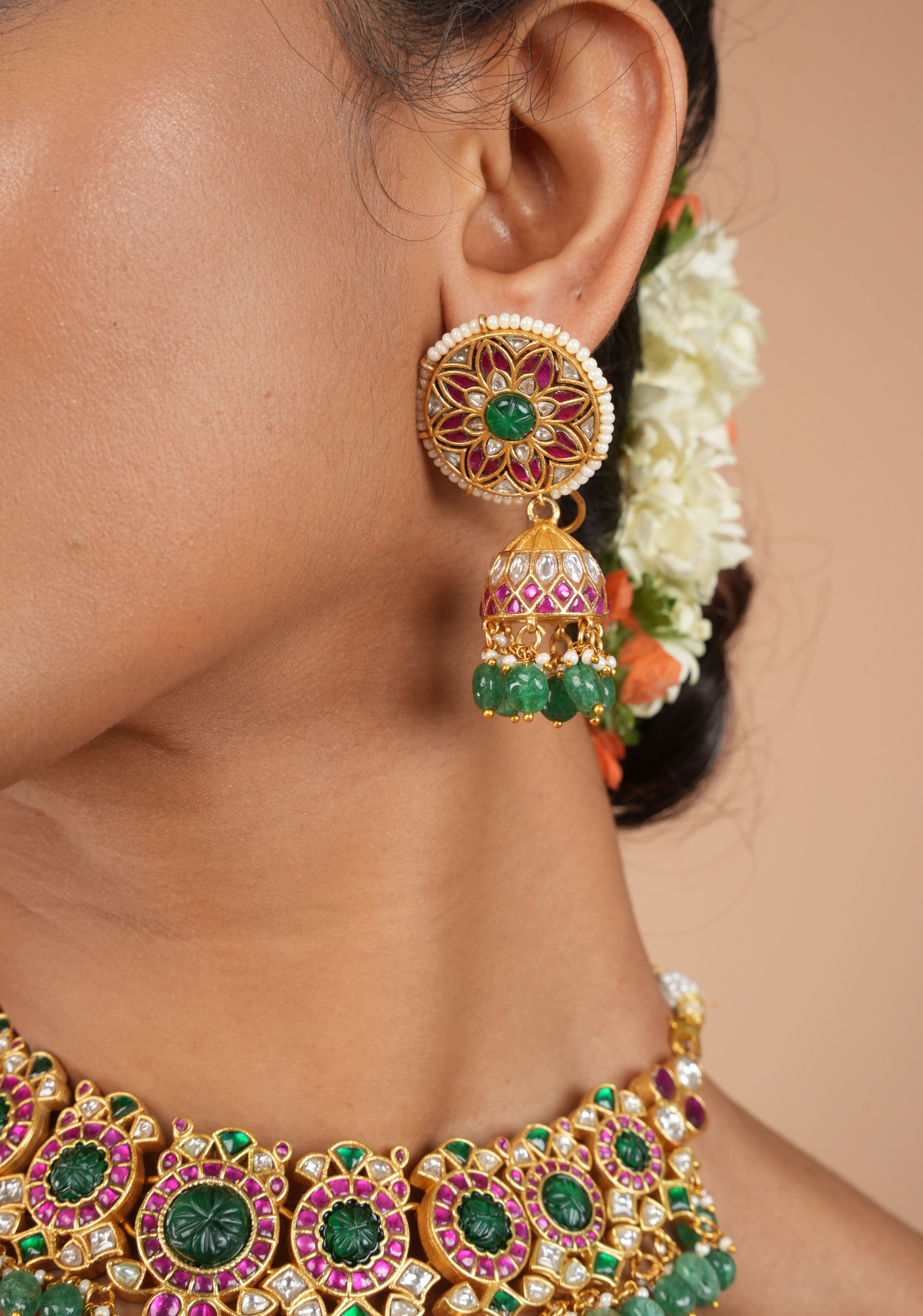 Green Craving Stone Jadau Kundan Pearls Choker Set with Dangling Green Beads and Jhumka Earrings | SHOBITAM