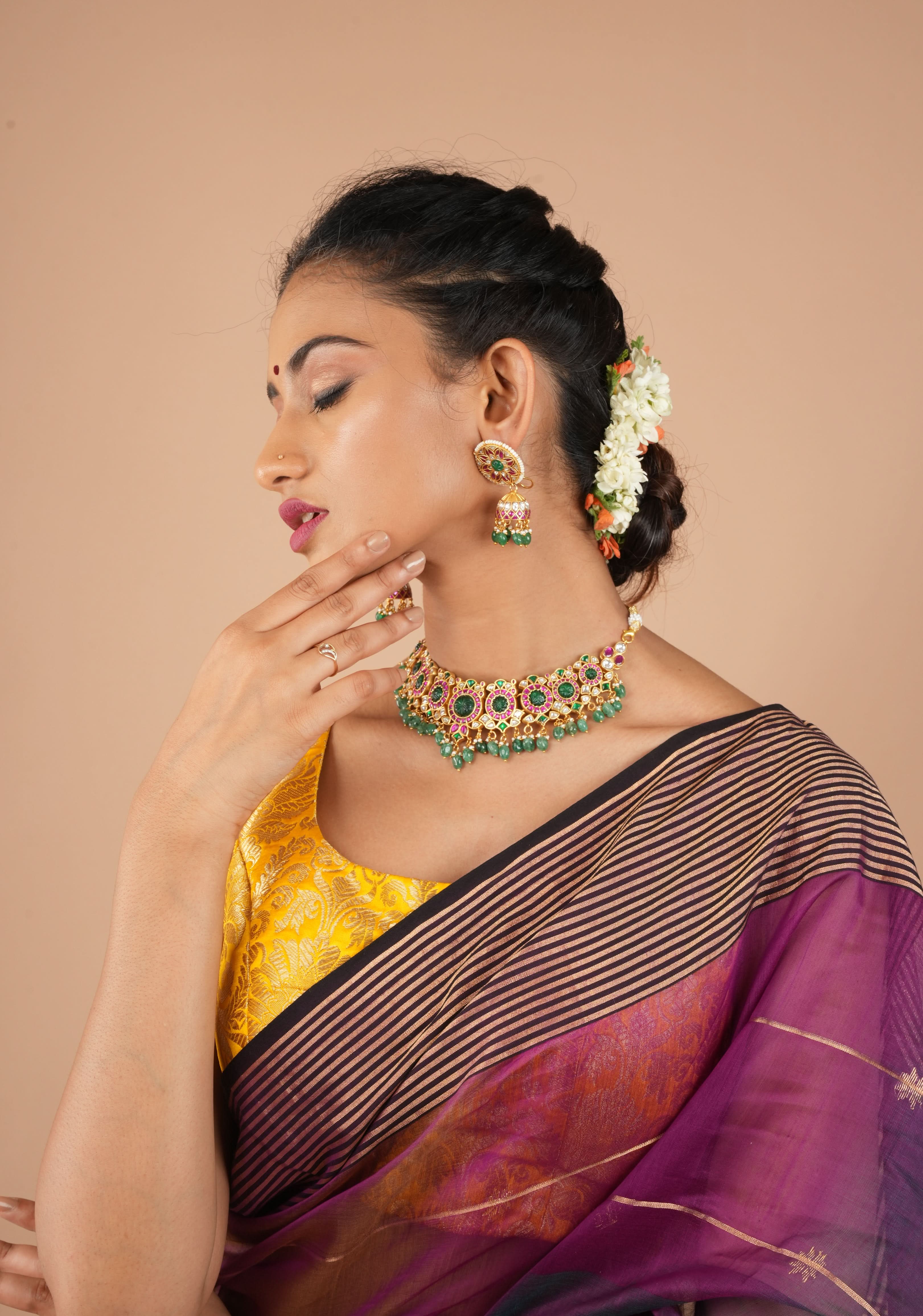 Green Craving Stone Jadau Kundan Pearls Choker Set with Dangling Green Beads and Jhumka Earrings | SHOBITAM