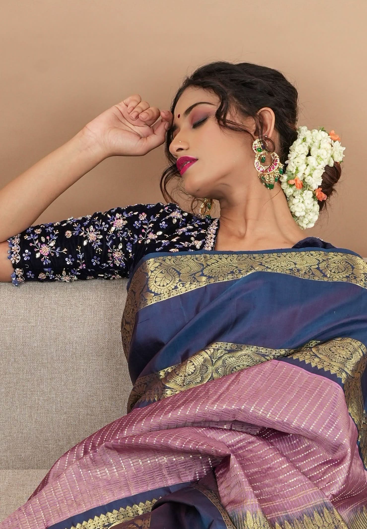 Exquisite Jadau Blouse sequin and crystal handwork on navy blue velvet blouse , Made to Order | Shobitam