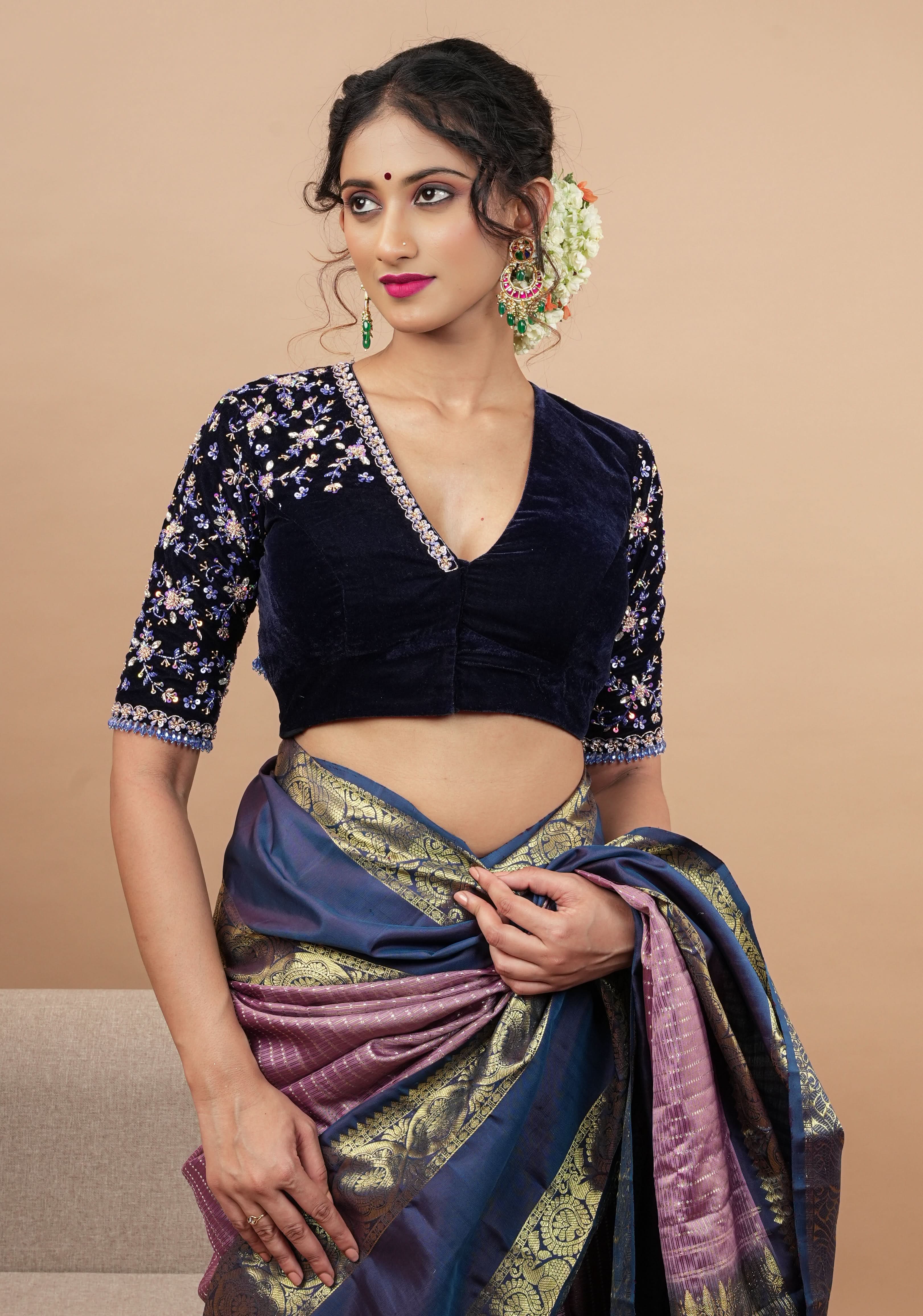 Exquisite Jadau Blouse sequin and crystal handwork on navy blue velvet blouse , Made to Order | Shobitam