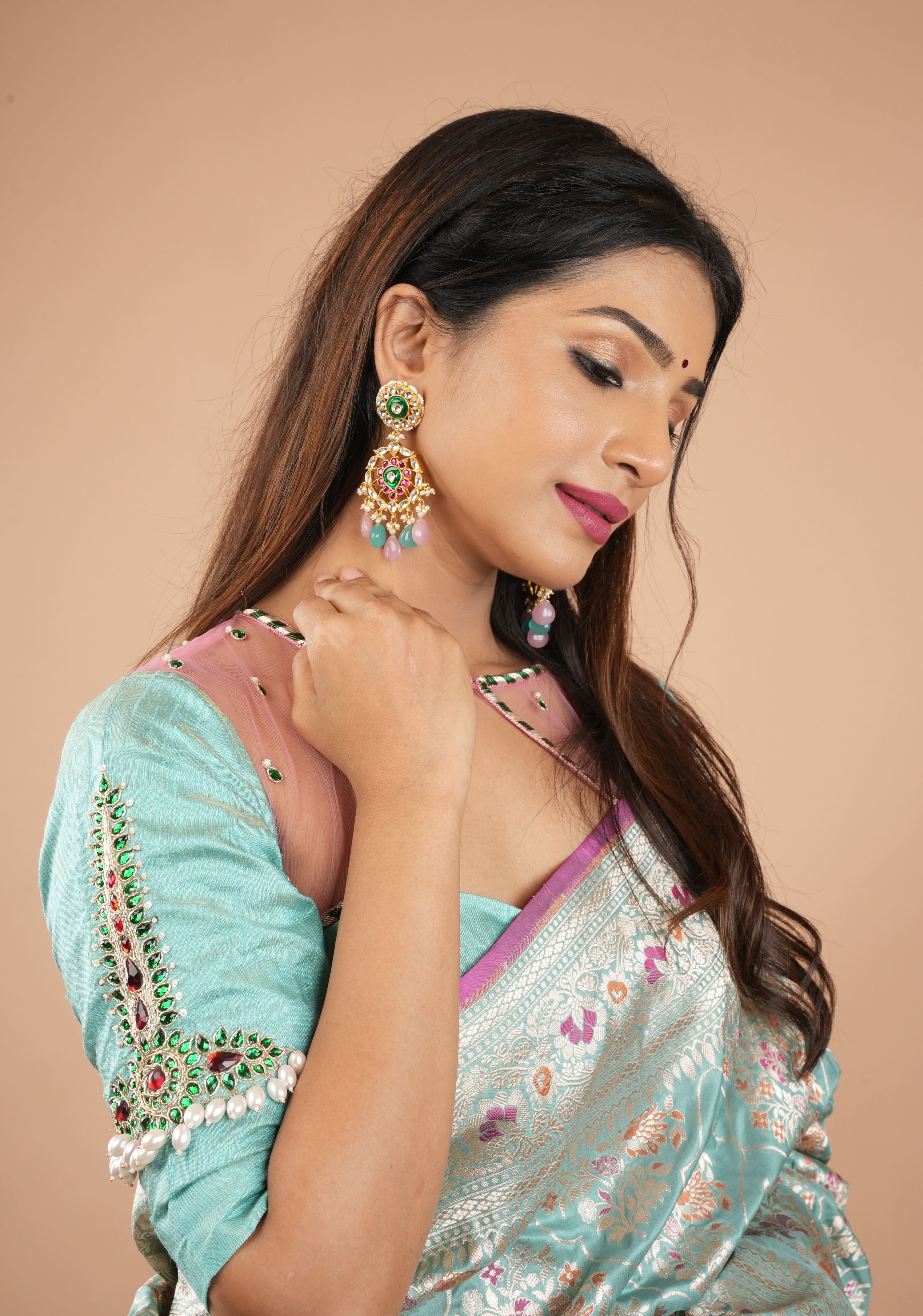 Mint Green Tissue Raw Silk Blouse with Jewel design Handwork and pastel pink sheer yoke, Customizable, Made to Order | Shobitam