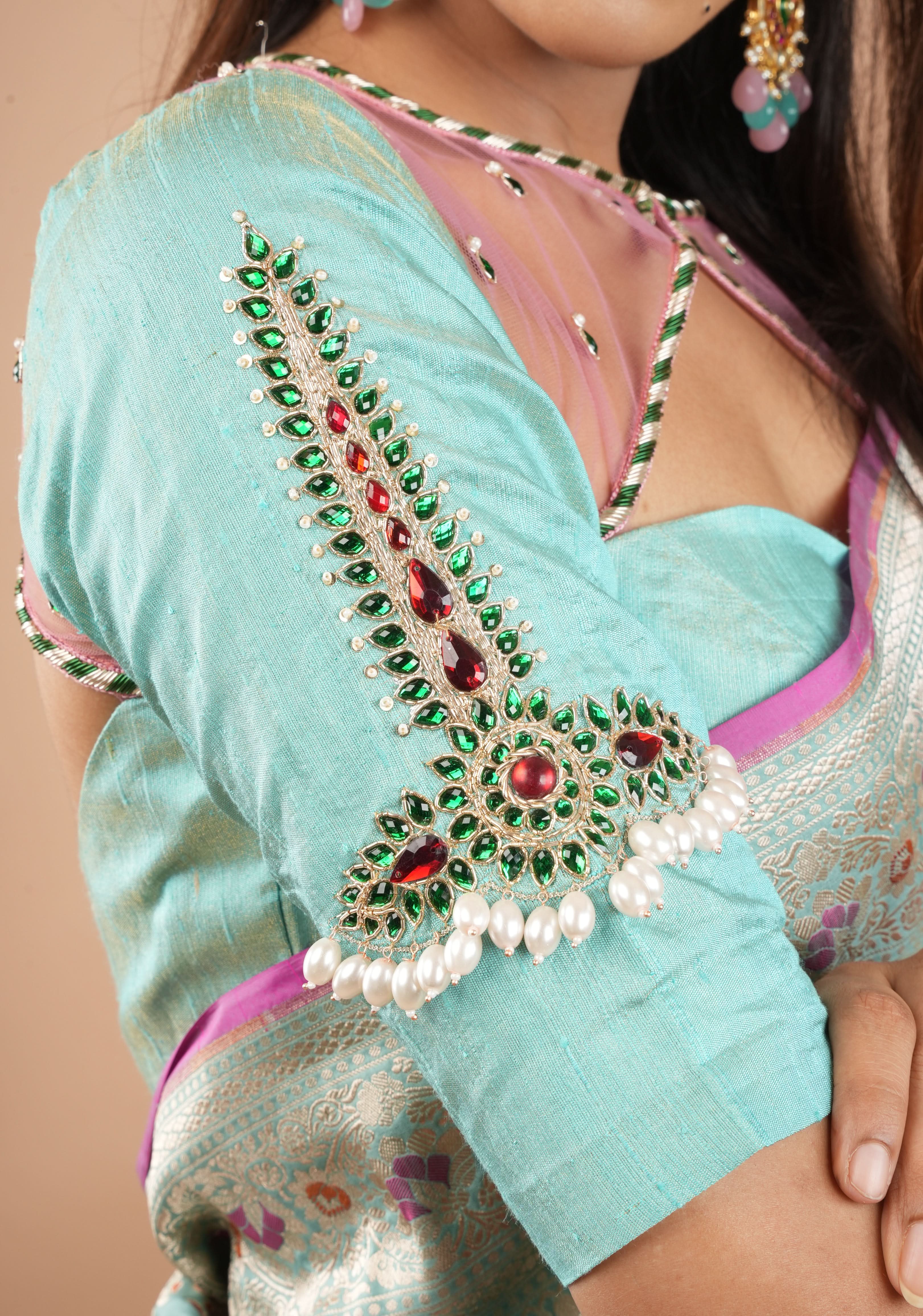 Mint Green Tissue Raw Silk Blouse with Jewel design Handwork and pastel pink sheer yoke, Customizable, Made to Order | Shobitam