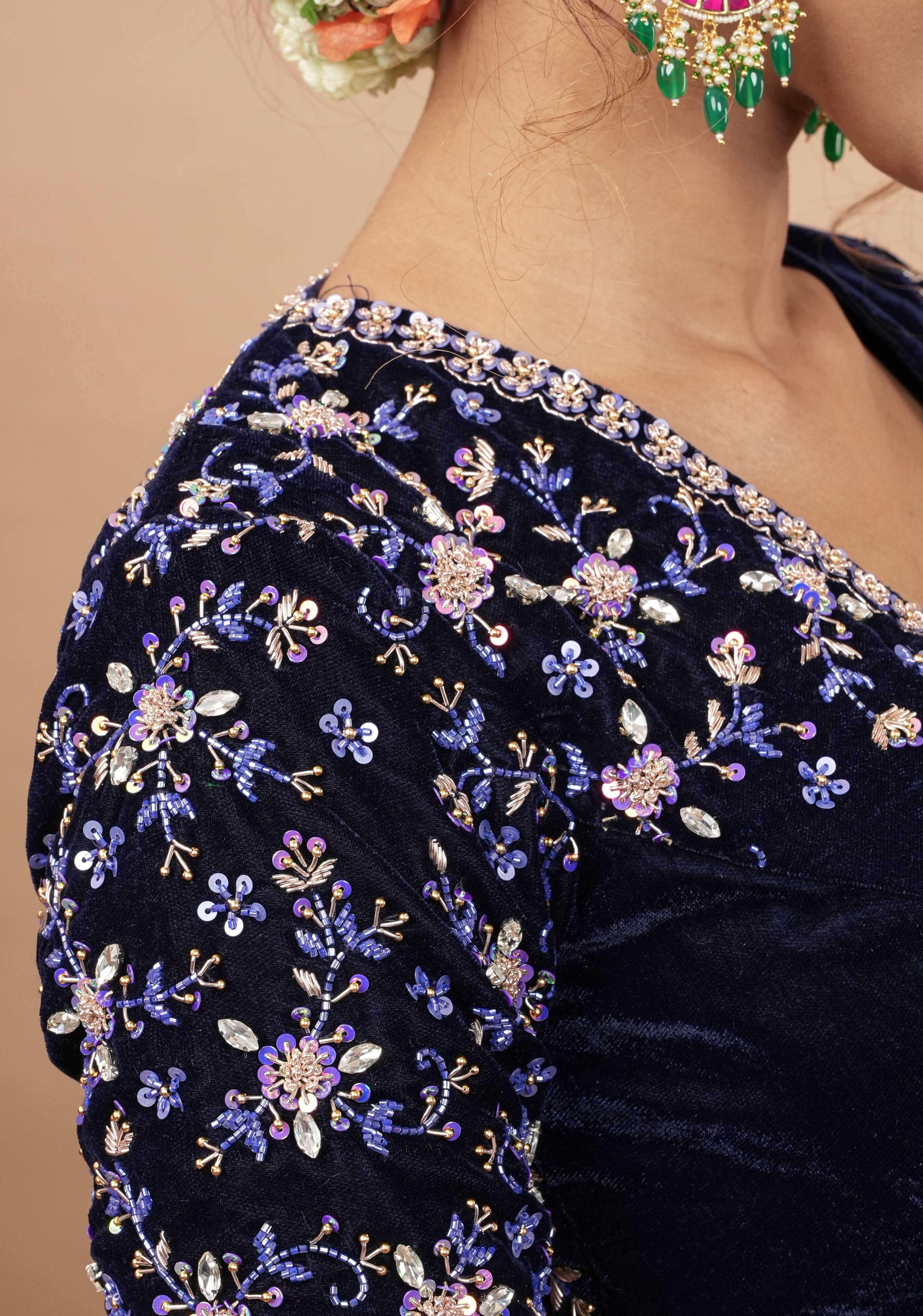 Exquisite Jadau Blouse sequin and crystal handwork on navy blue velvet blouse , Made to Order | Shobitam