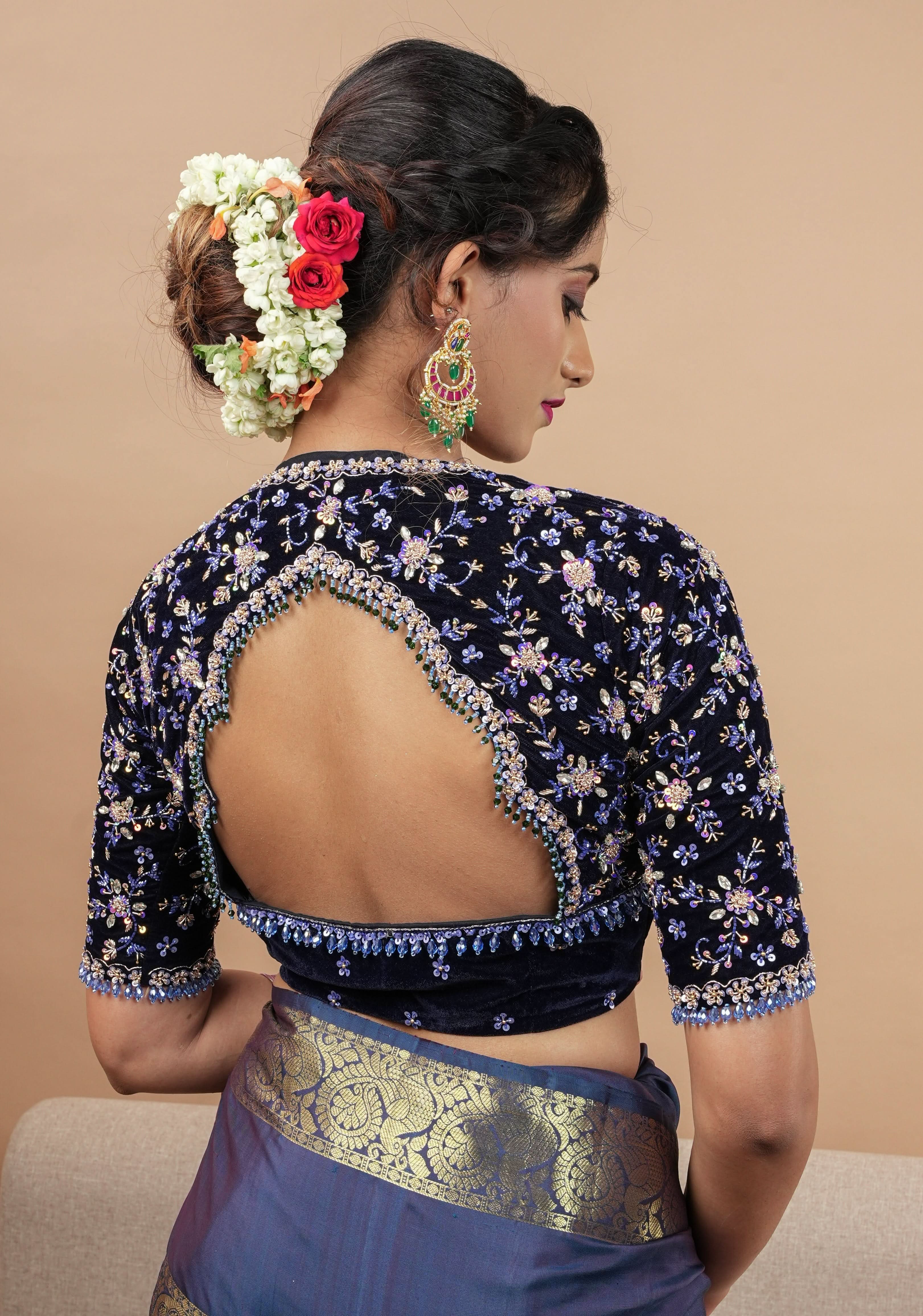 Exquisite Jadau Blouse sequin and crystal handwork on navy blue velvet blouse , Made to Order | Shobitam