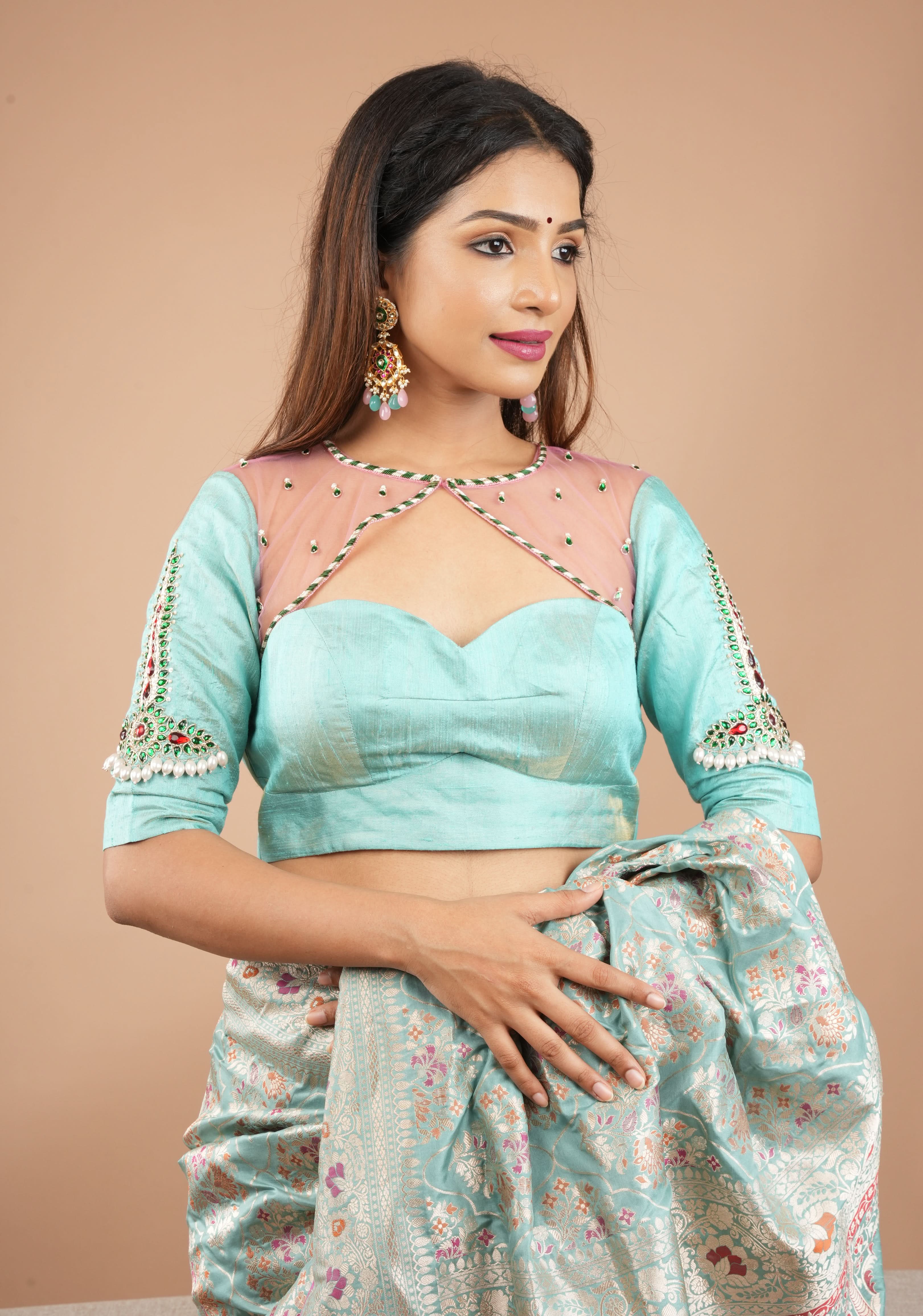 Mint Green Tissue Raw Silk Blouse with Jewel design Handwork and pastel pink sheer yoke, Customizable, Made to Order | Shobitam