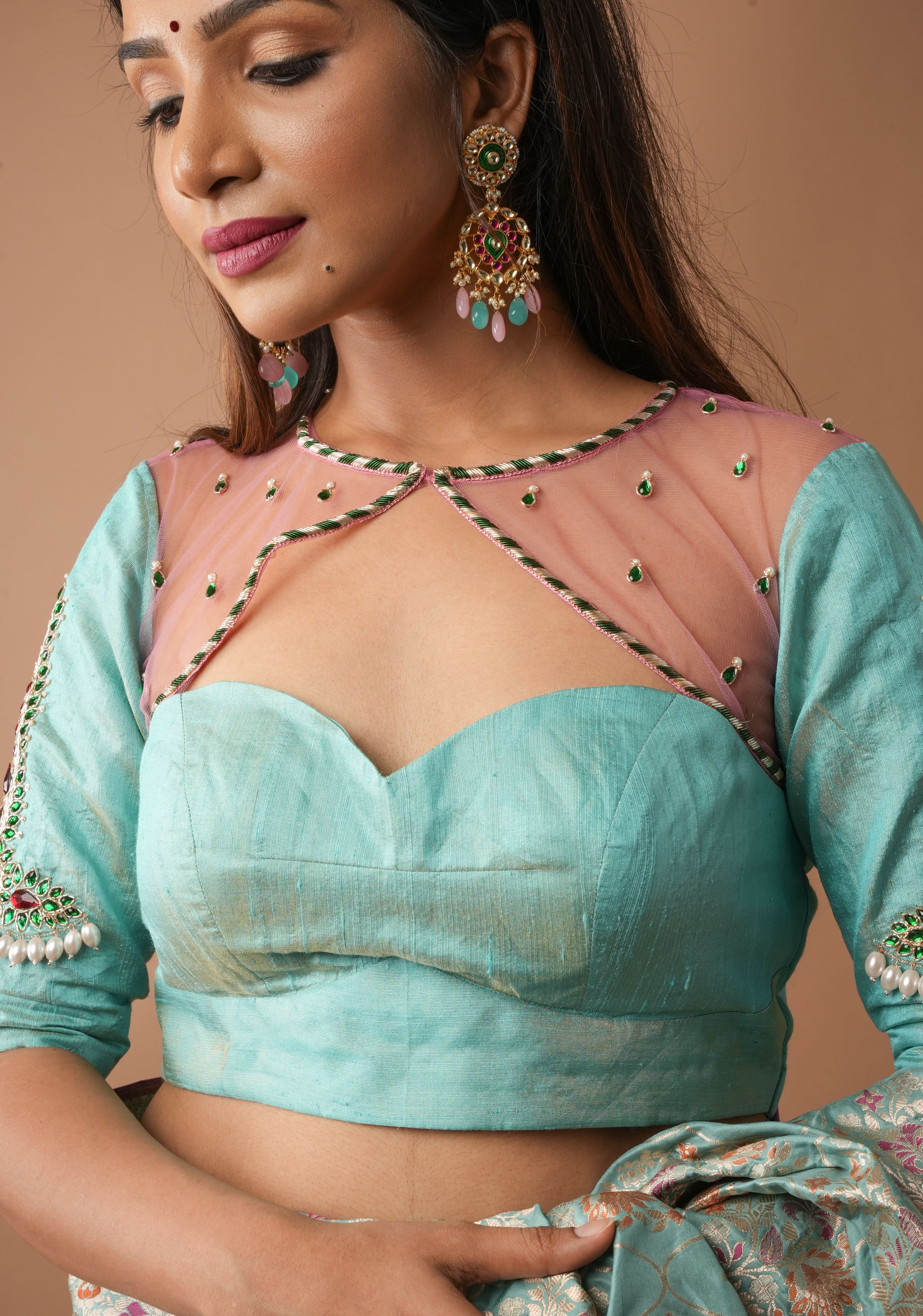 Mint Green Tissue Raw Silk Blouse with Jewel design Handwork and pastel pink sheer yoke, Customizable, Made to Order | Shobitam