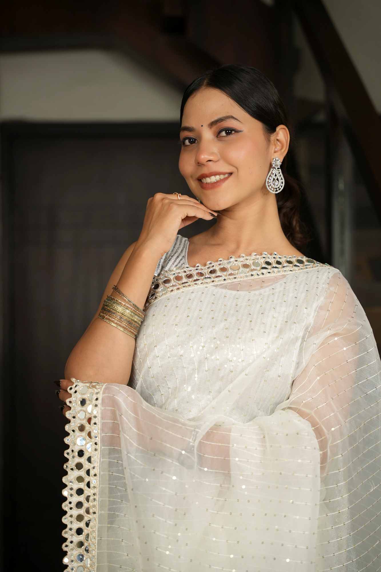 Organza With Sequin Embroidery & Mirror Border Ready To Wear Saree & ready blouse