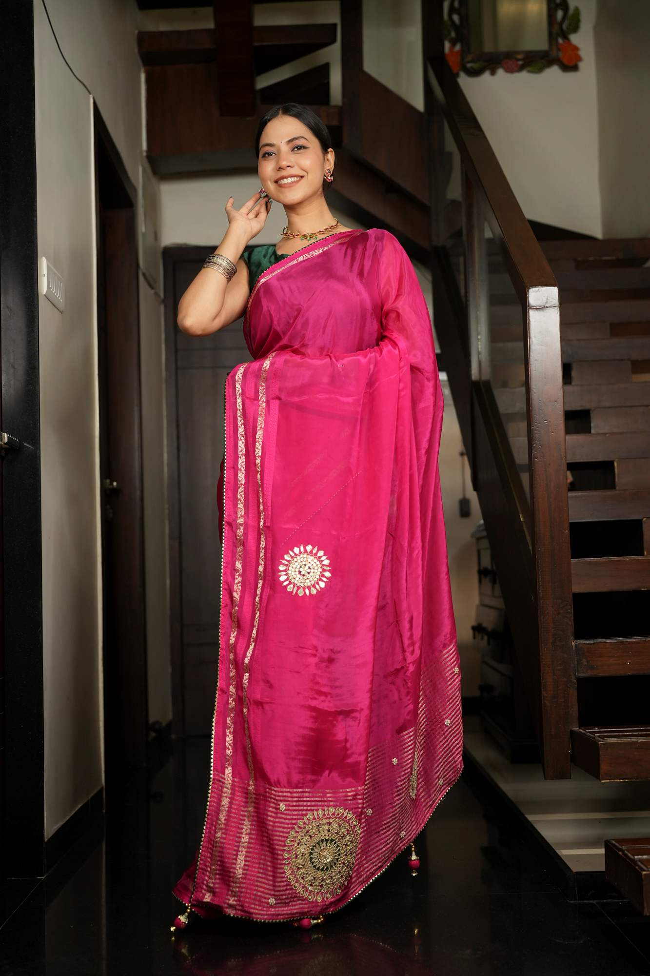 Pure Munga Silk with Handcrafted Gota & Mirror Embellishments Ready To Wear Saree