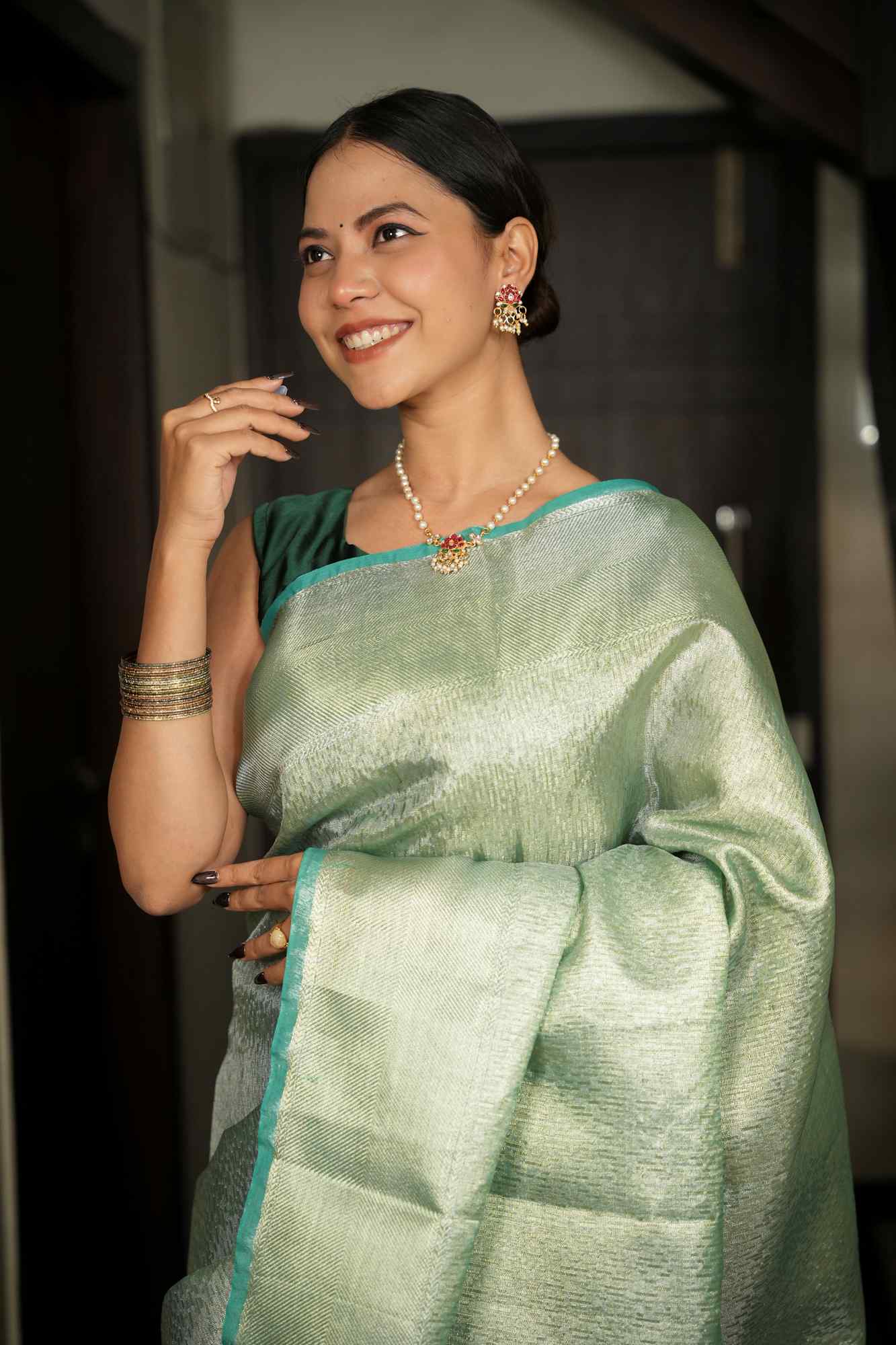 Nayanthara-Inspired Silk Saree with Dual-Side Zari Border Ready to wear saree