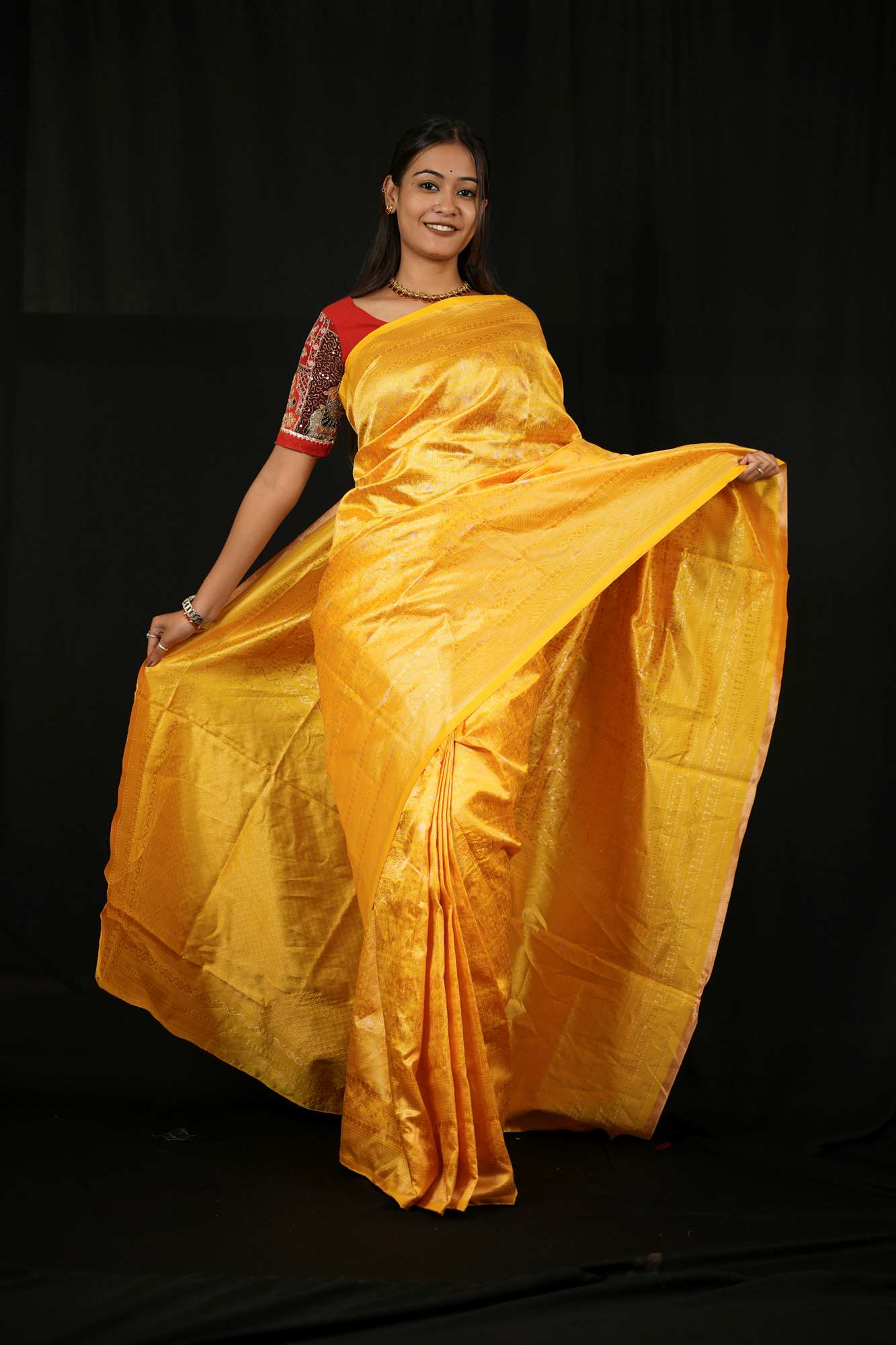 Soft Lichi Silk in Mustard Gold Ready To Wear Saree
