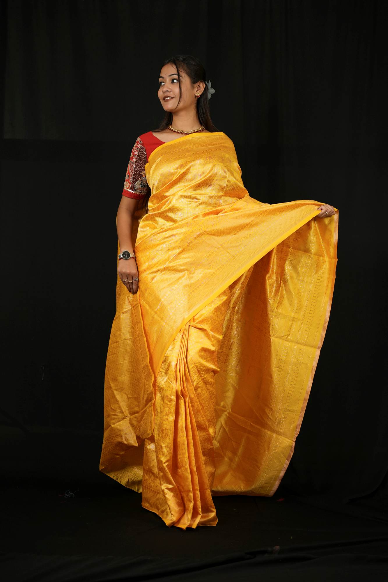 Soft Lichi Silk in Mustard Gold Ready To Wear Saree