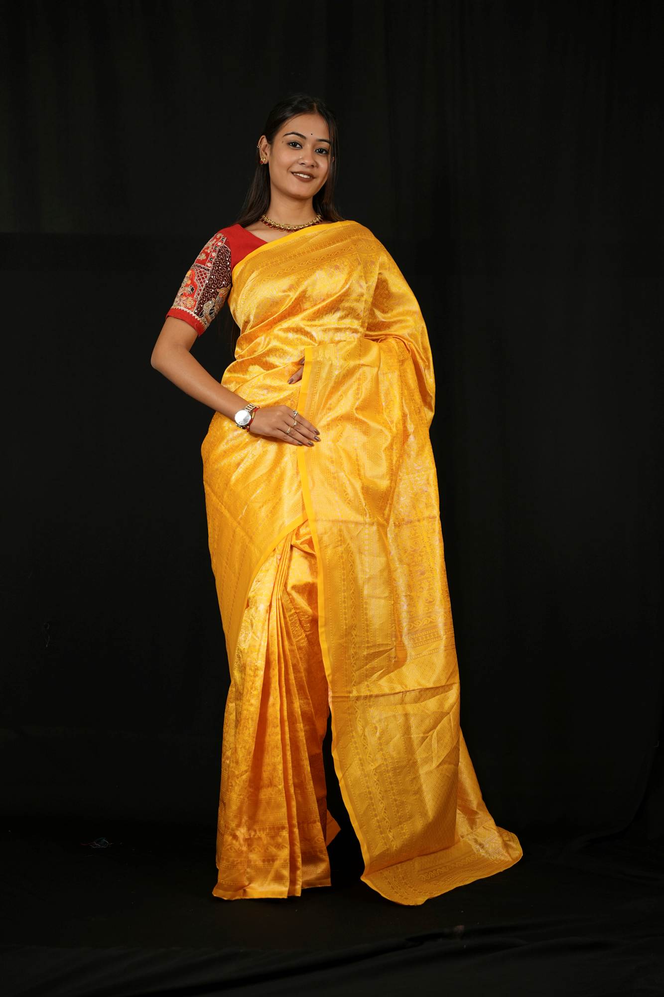Soft Lichi Silk in Mustard Gold Ready To Wear Saree