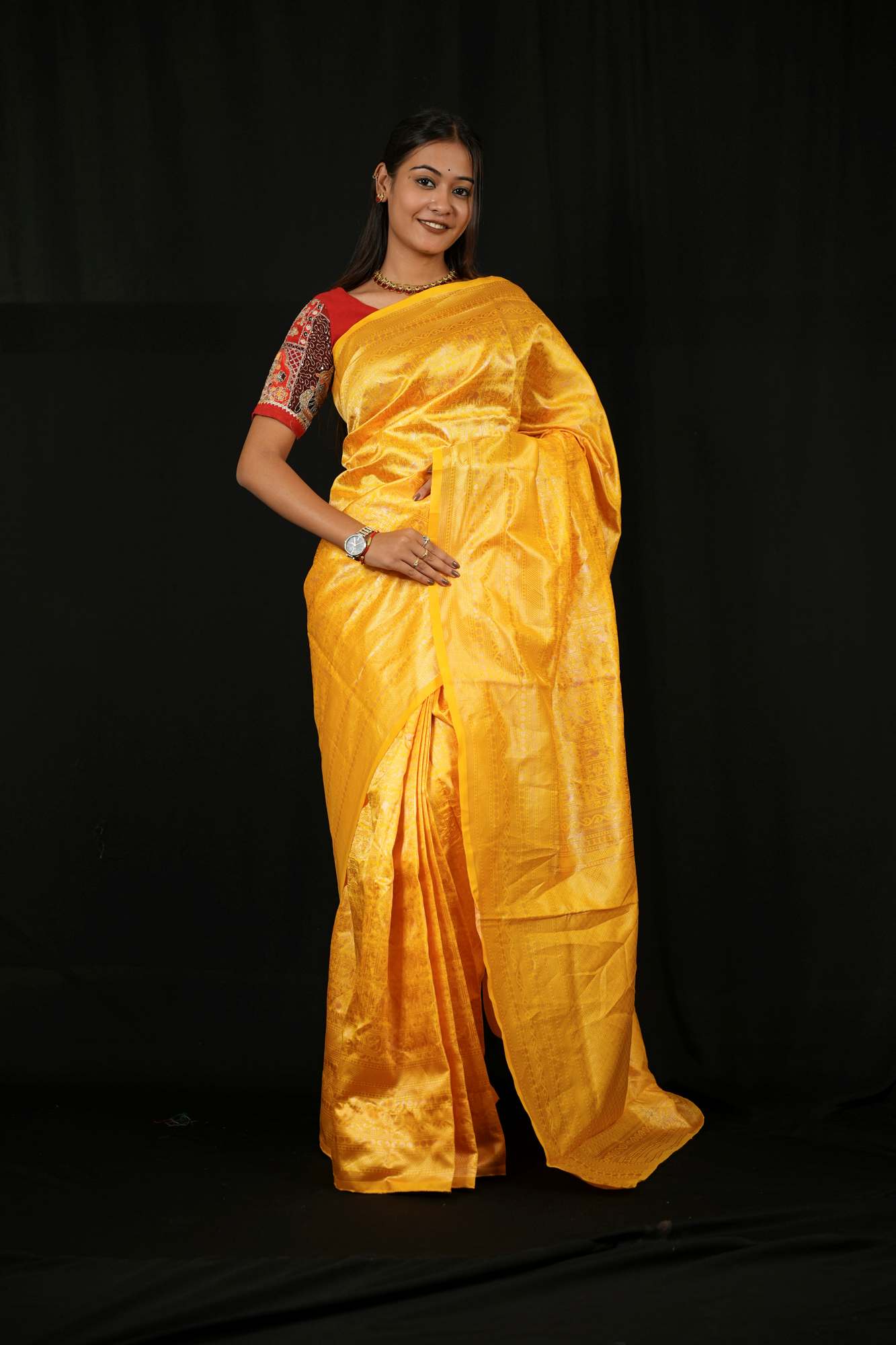 Soft Lichi Silk in Mustard Gold Ready To Wear Saree