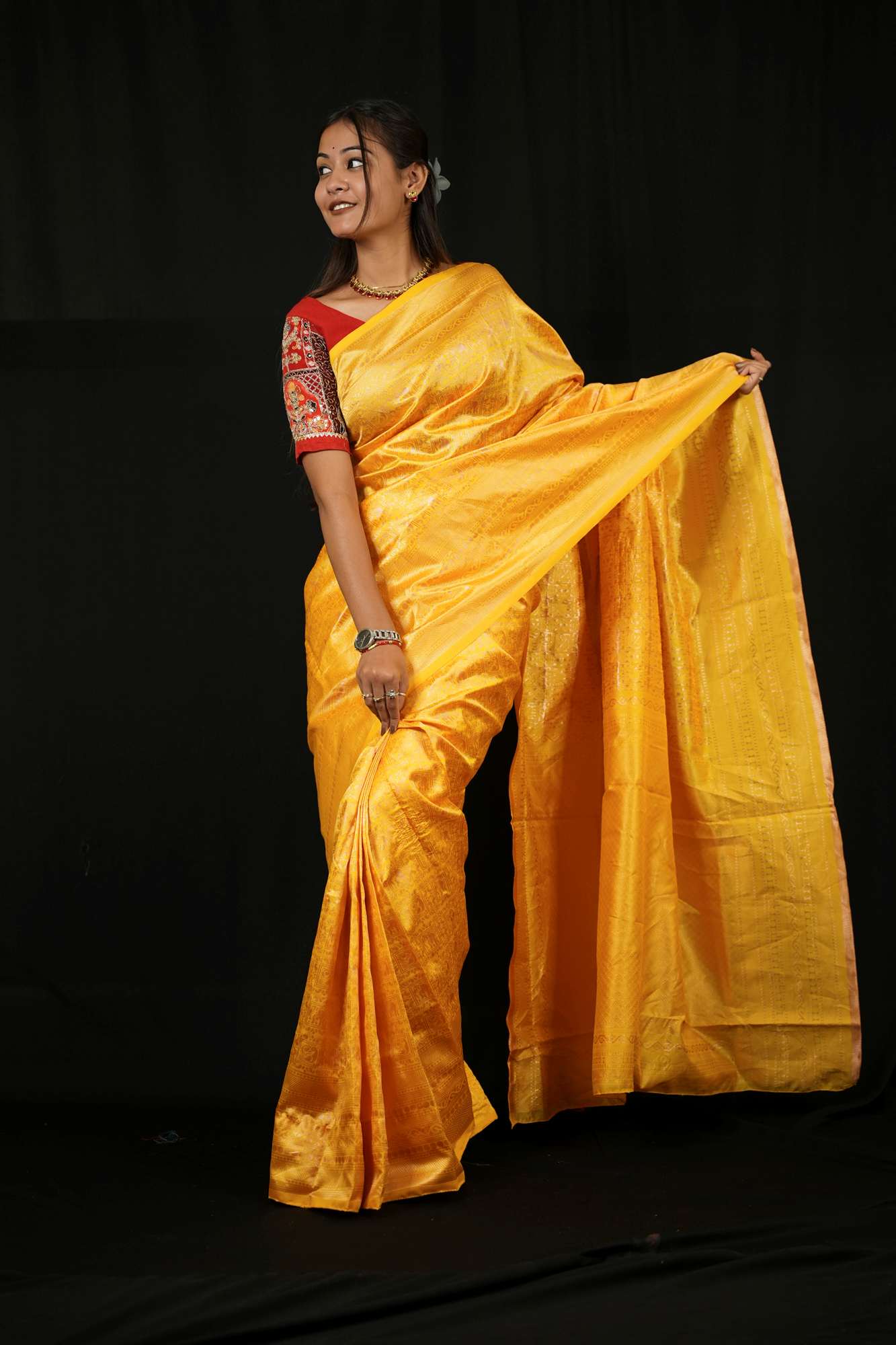 Soft Lichi Silk in Mustard Gold Ready To Wear Saree