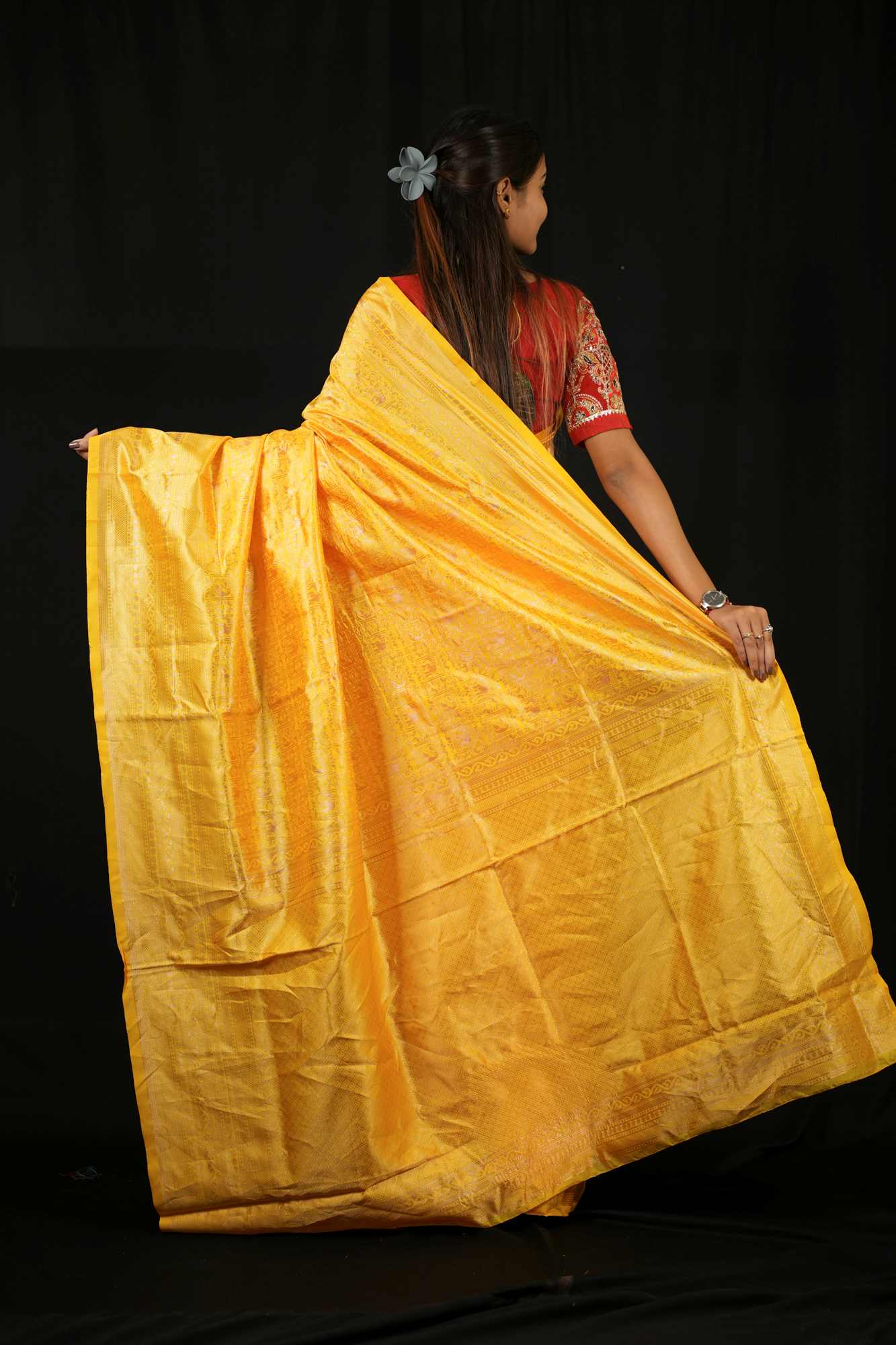 Soft Lichi Silk in Mustard Gold Ready To Wear Saree