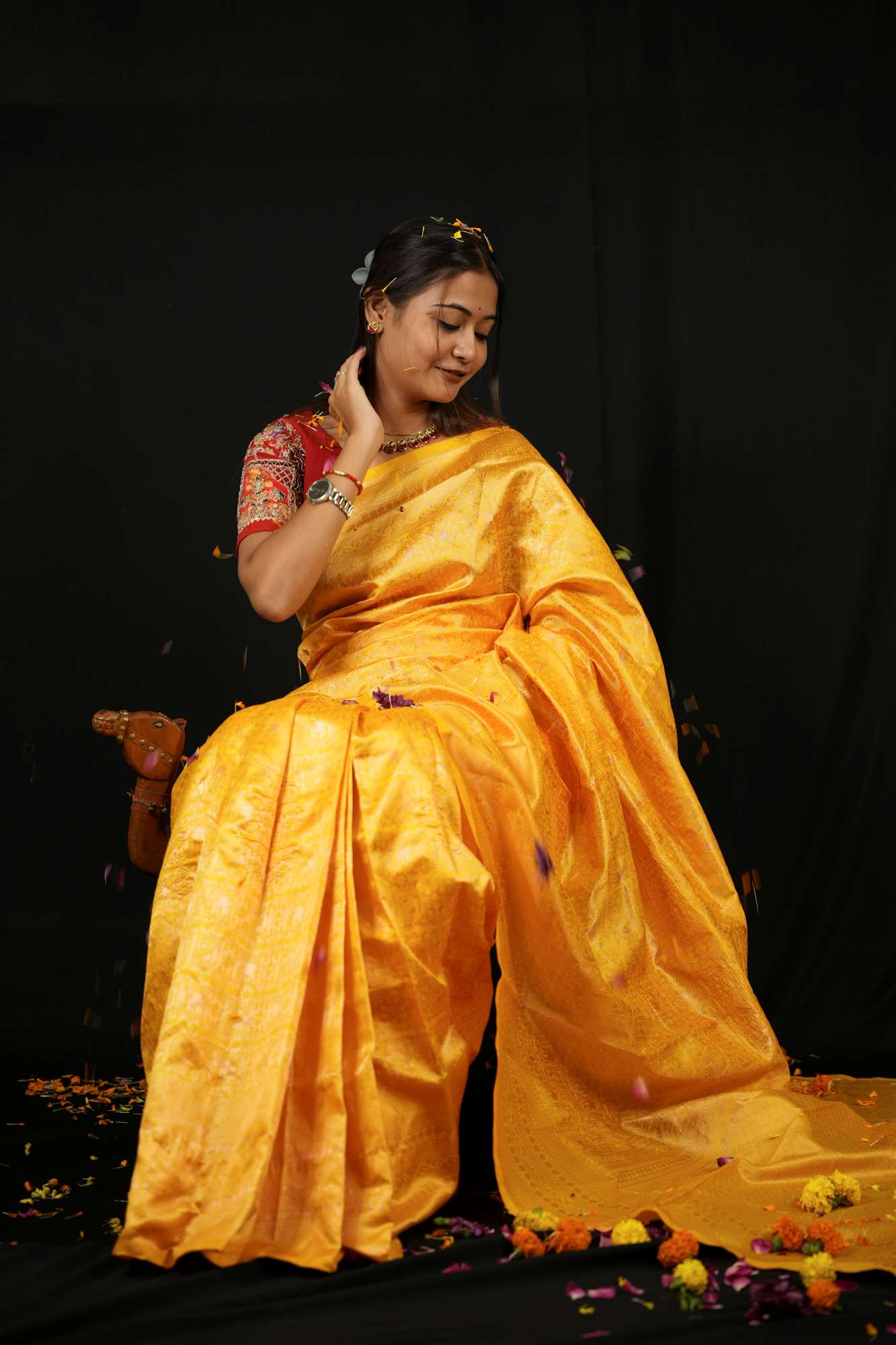 Soft Lichi Silk in Mustard Gold Ready To Wear Saree