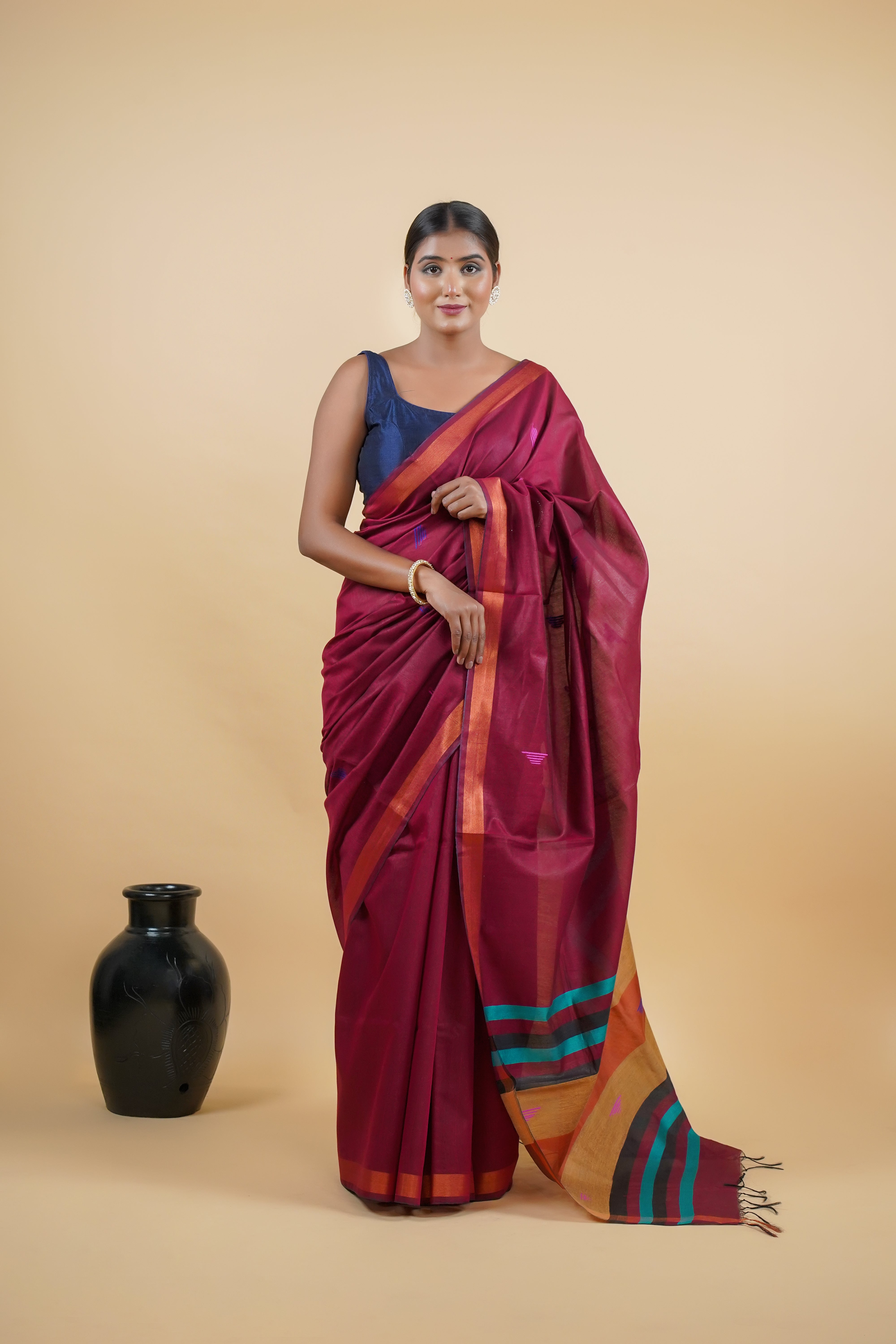 Maroon Pure Bhagalpuri silk handloom saree with Zari Border | Shobitam