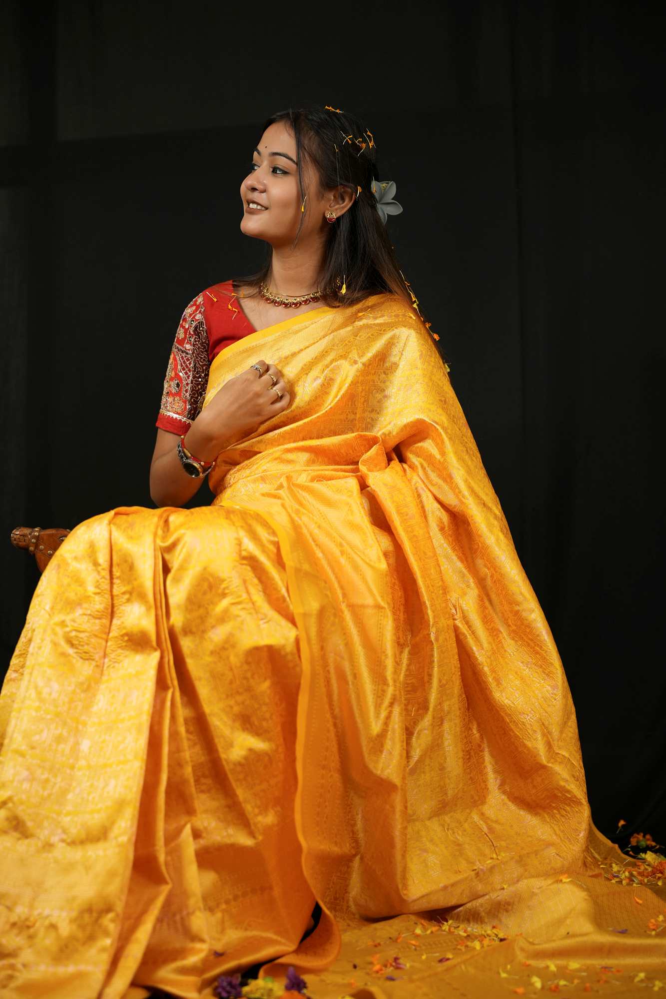 Soft Lichi Silk in Mustard Gold Ready To Wear Saree