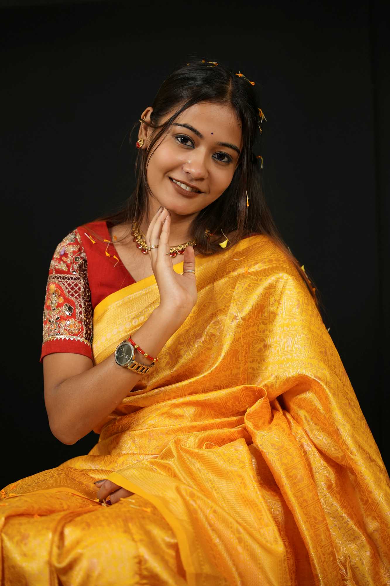 Soft Lichi Silk in Mustard Gold Ready To Wear Saree